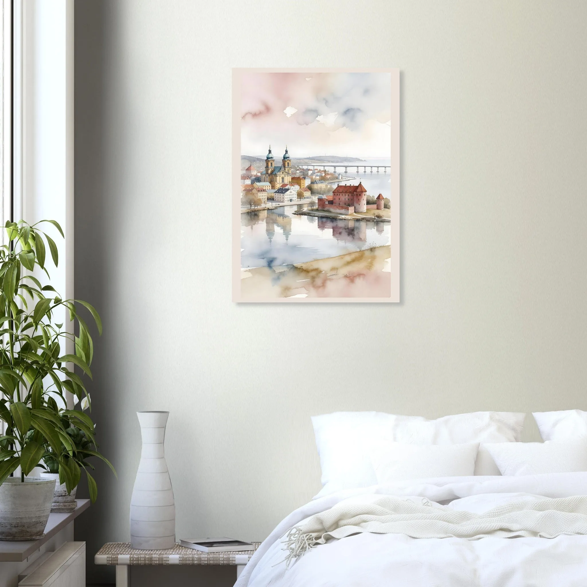 Watercolour landscape poster of Kalmar — warm minimalist design, from €19