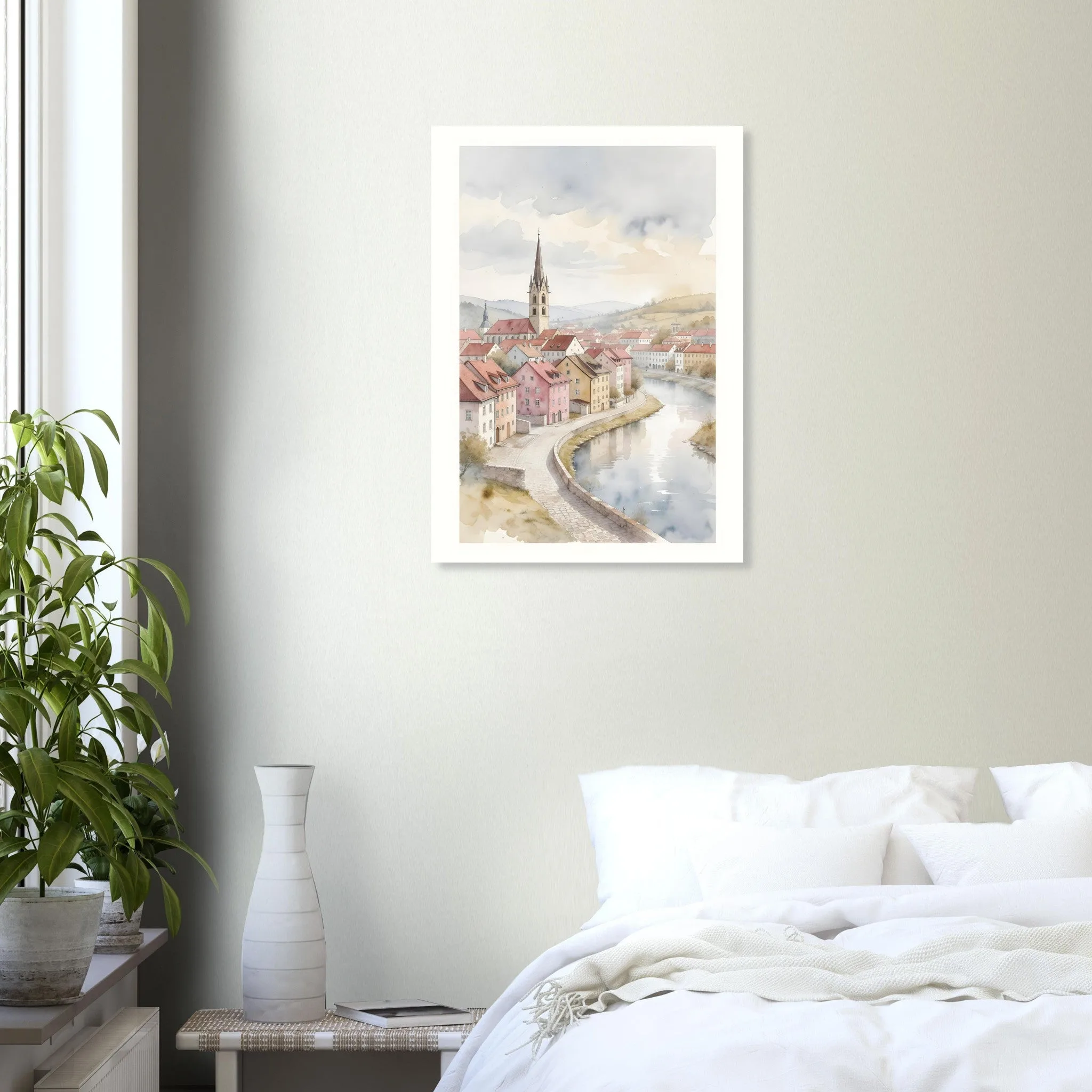 Watercolour landscape poster of Steyr — warm minimalist design, from €19
