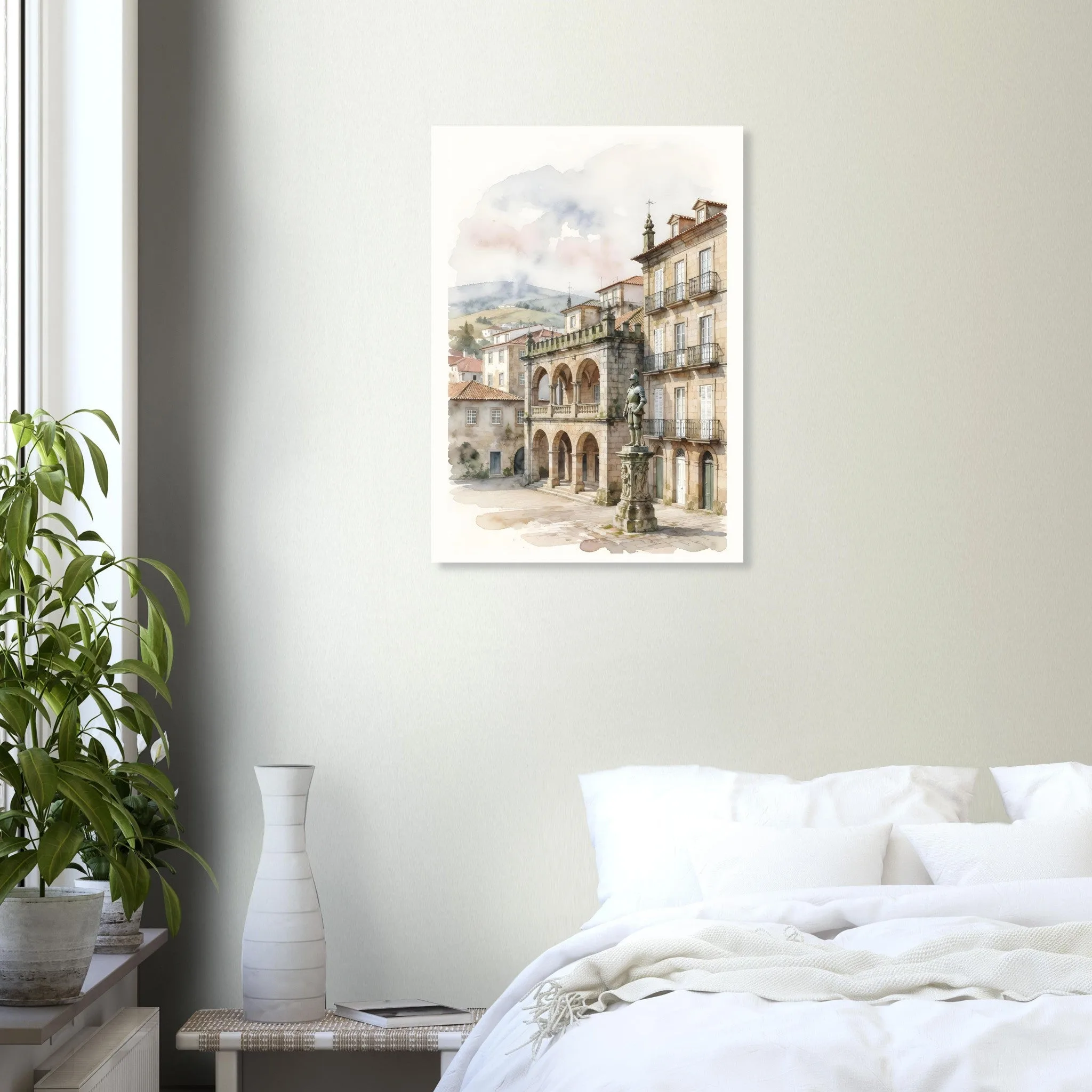 Watercolour landscape poster of Guimarães — warm minimalist design, from €19