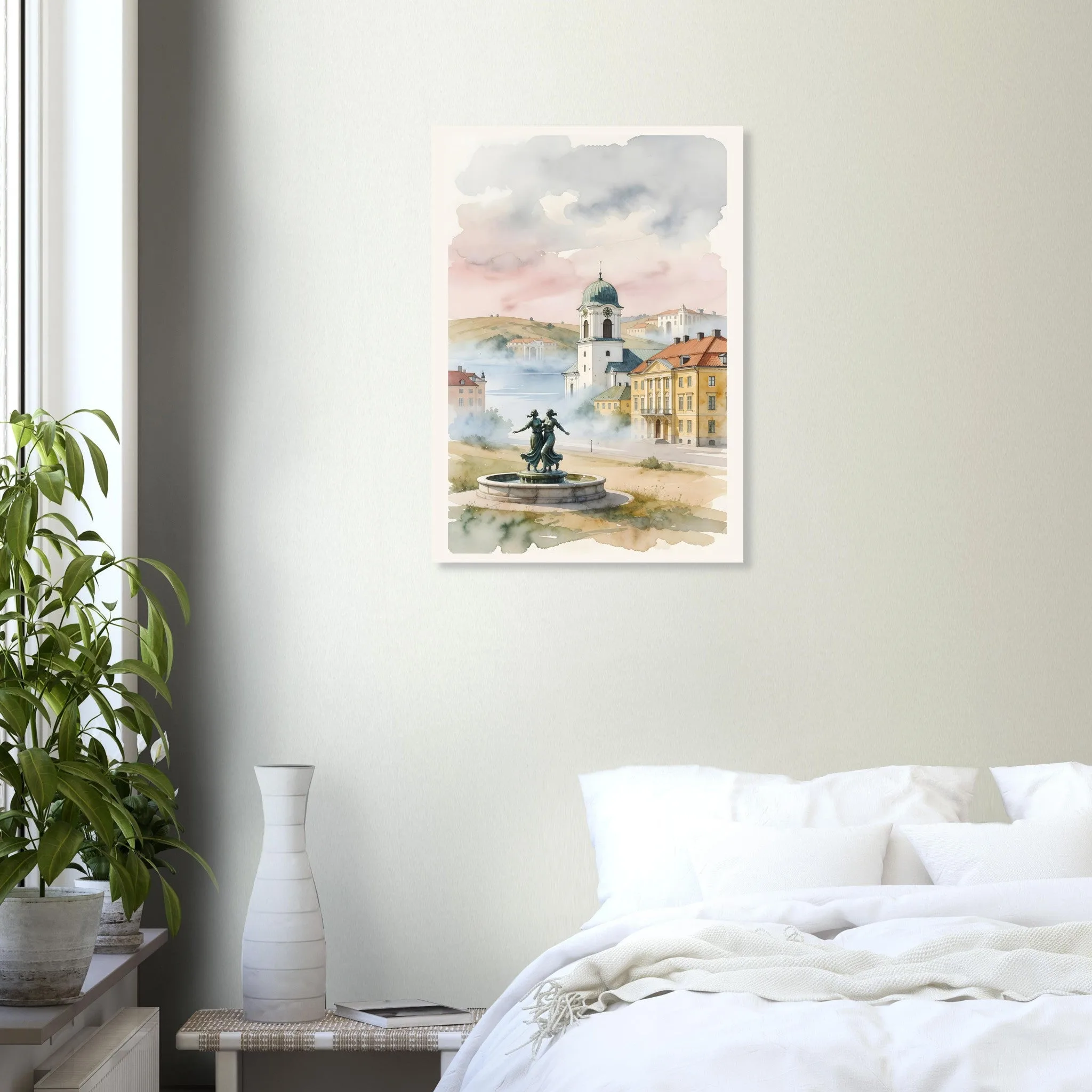 Watercolour landscape poster of Varberg — warm minimalist design, from €19