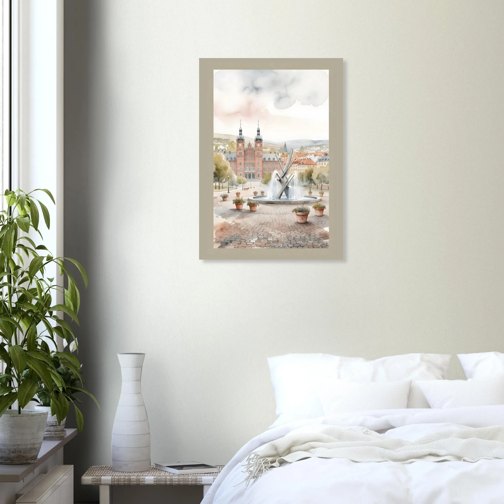 Watercolour landscape poster of Kristianstad — warm minimalist design, from €19