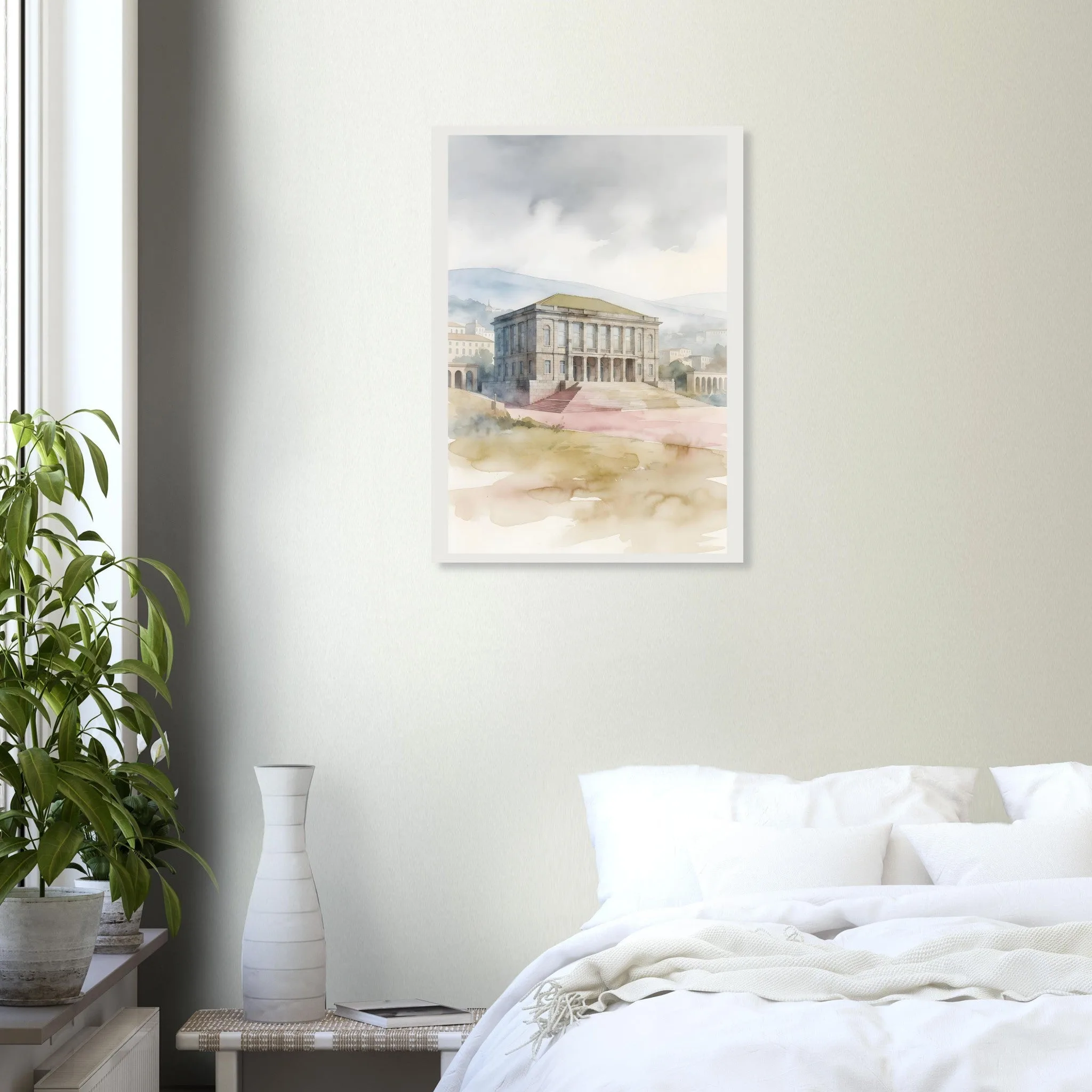 Watercolour landscape poster of Paços de Ferreira — warm minimalist design, from €19