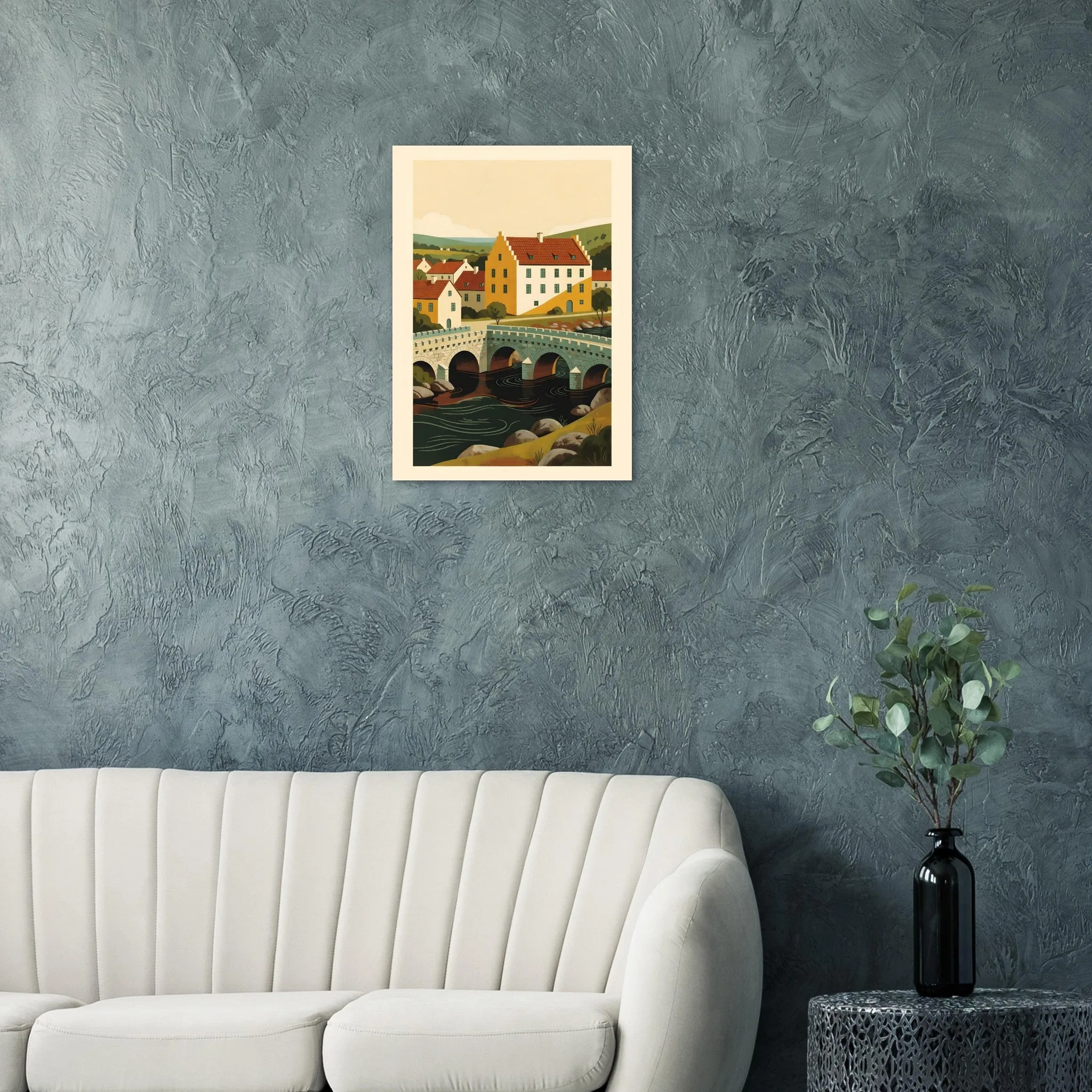 Mid-century modern poster of Falkenberg — warm minimalist design, from €19