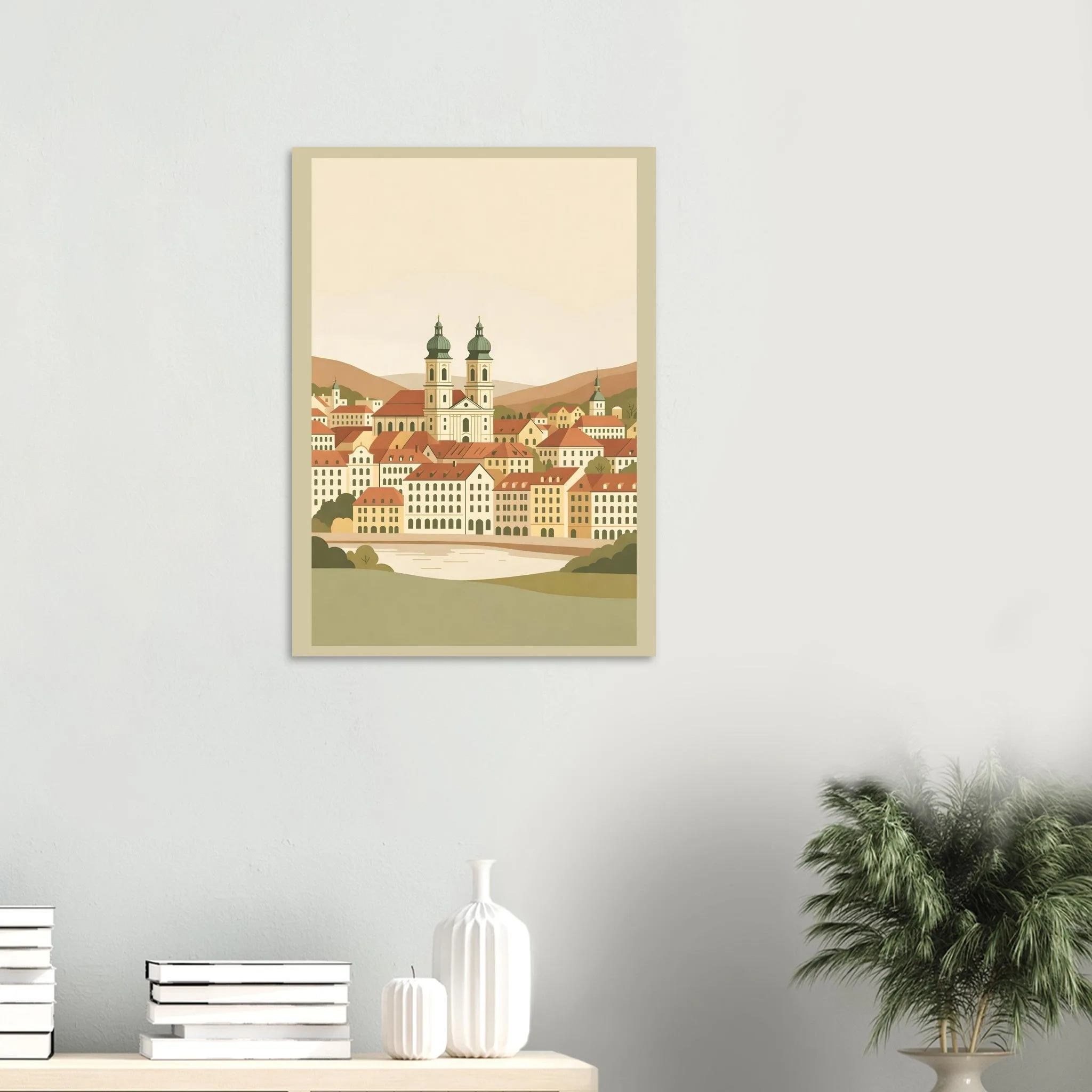 Flat vector illustration poster of Klagenfurt am Wörthersee — warm minimalist design, from €19