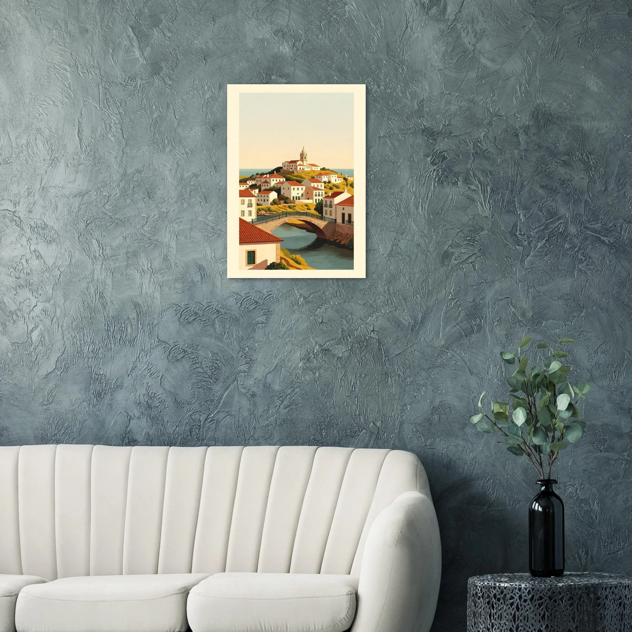 Mid-century modern poster of Tavira — warm minimalist design, from €19