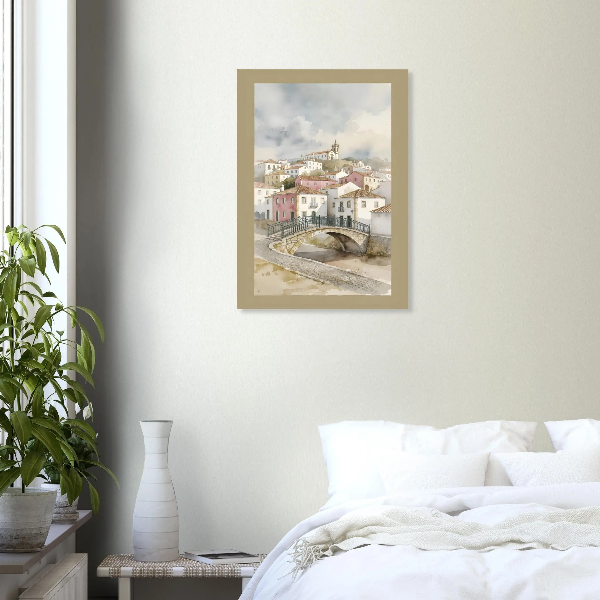 Watercolour landscape poster of Tavira — warm minimalist design, from €19