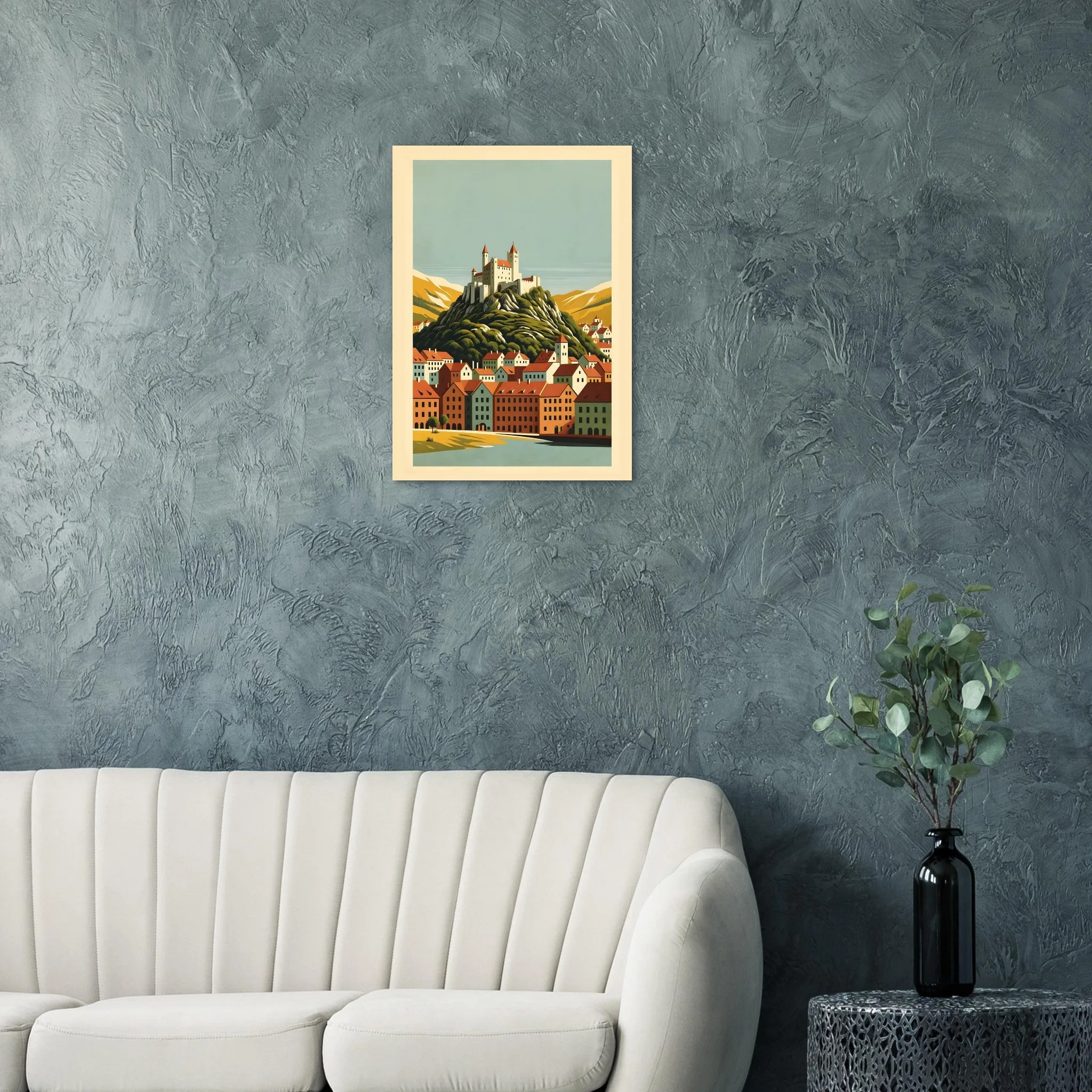 Mid-century modern poster of Feldkirch — warm minimalist design, from €19