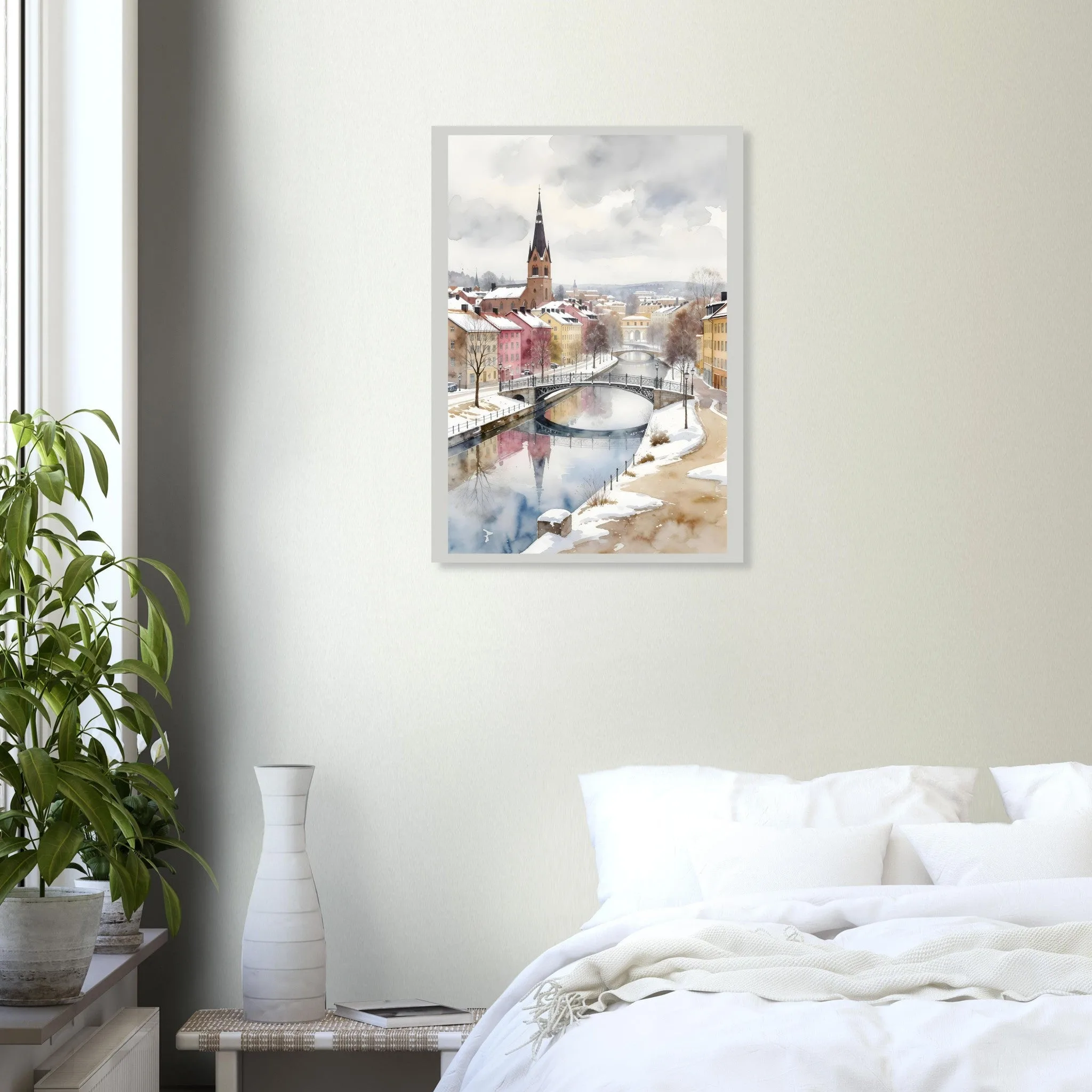 Watercolour landscape poster of Borås — warm minimalist design, from €19