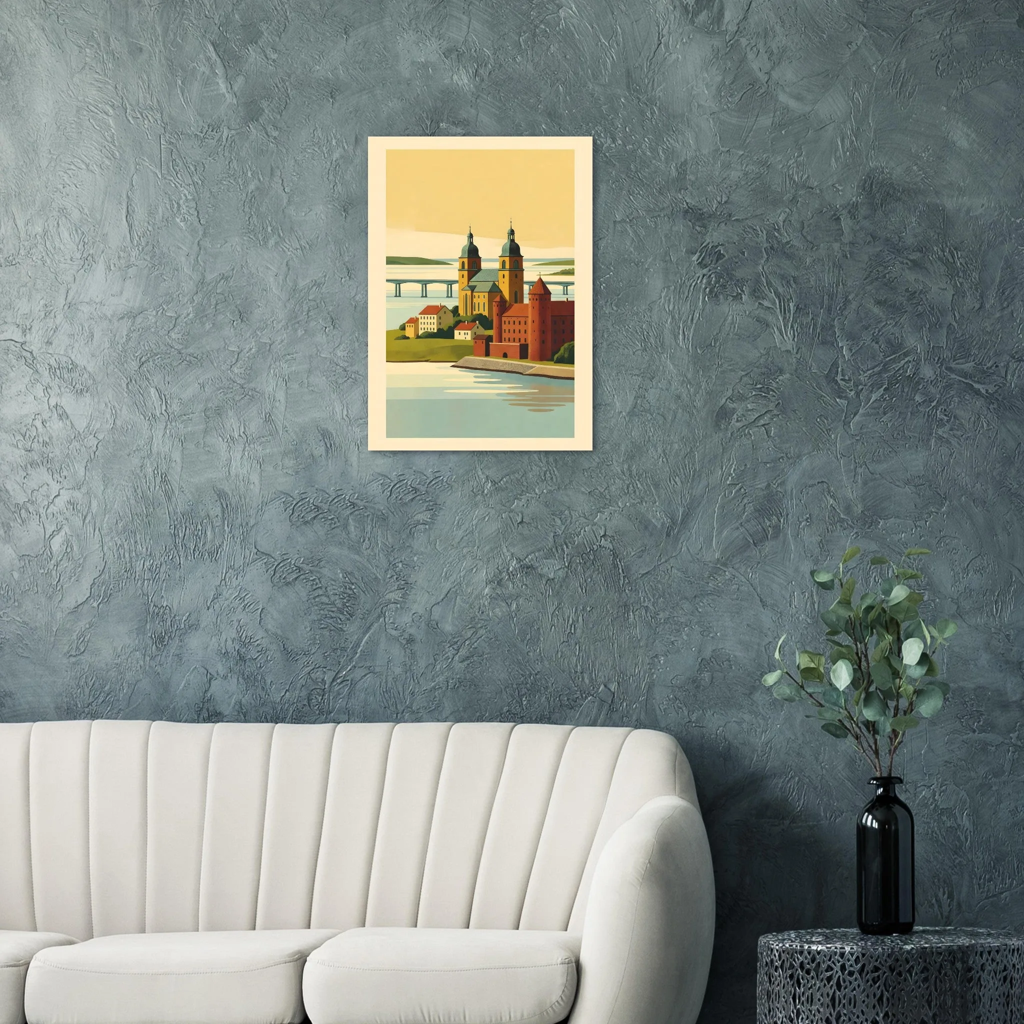 Mid-century modern poster of Kalmar — warm minimalist design, from €19