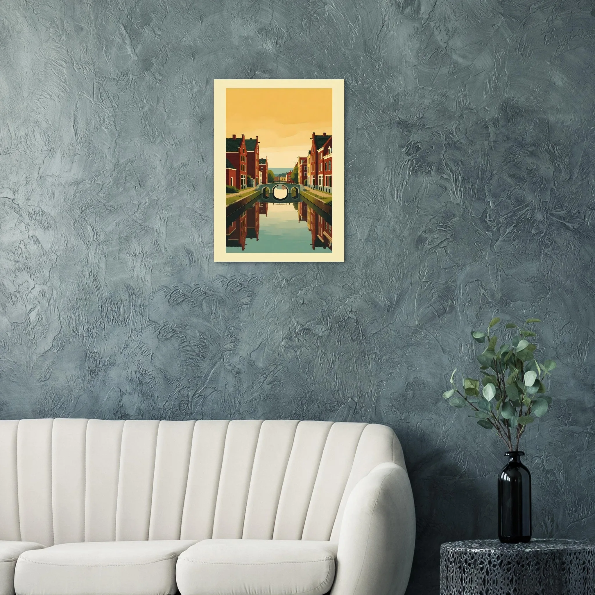 Mid-century modern poster of Delft — warm minimalist design, from €19