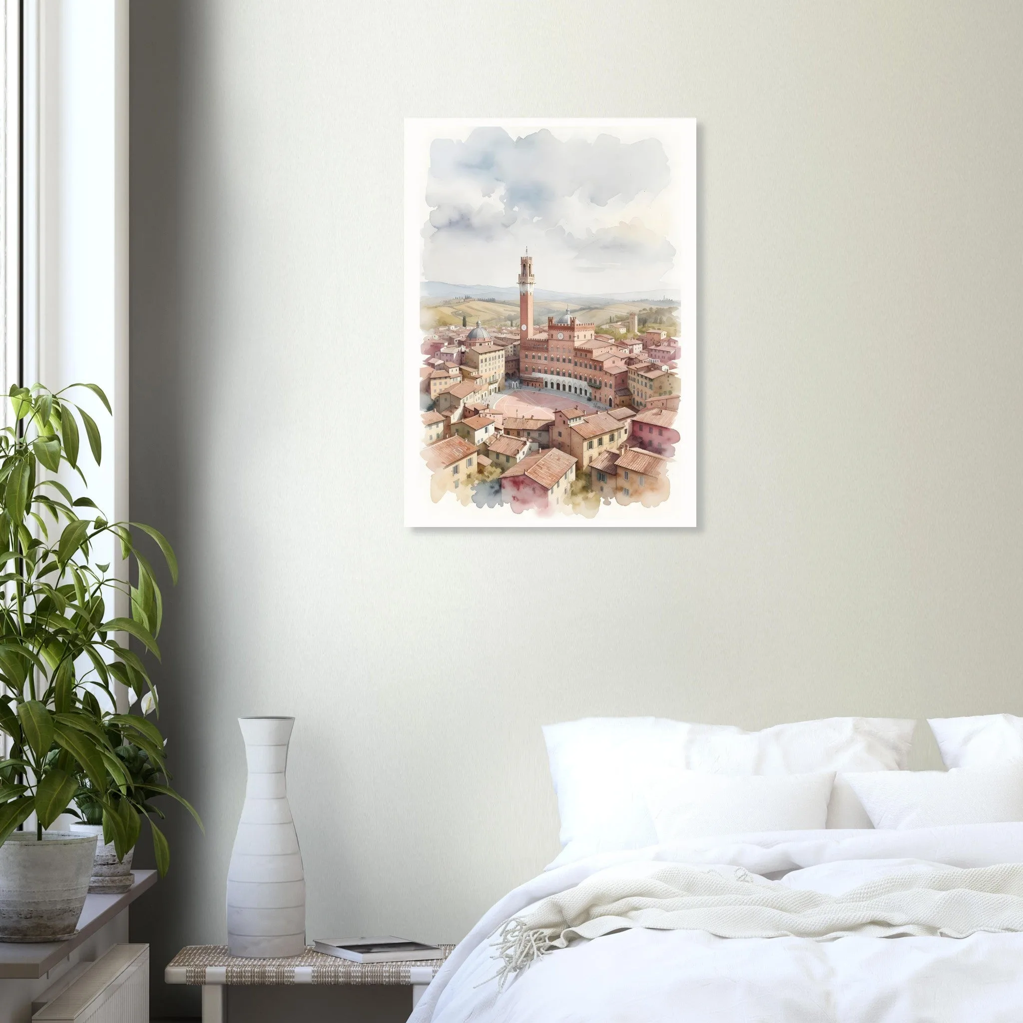 Watercolour landscape poster of Siena — warm minimalist design, from €19