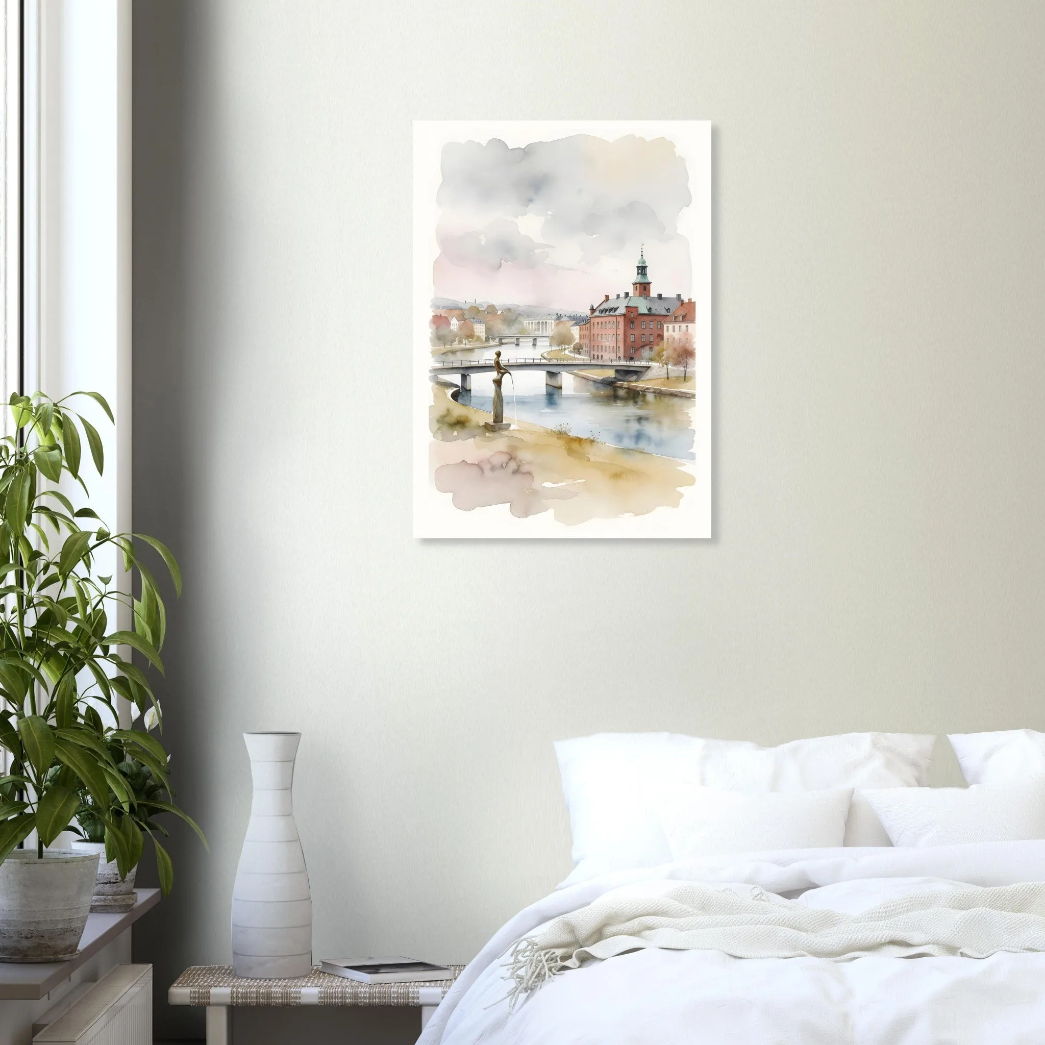 Watercolour landscape poster of Halmstad — warm minimalist design, from €19