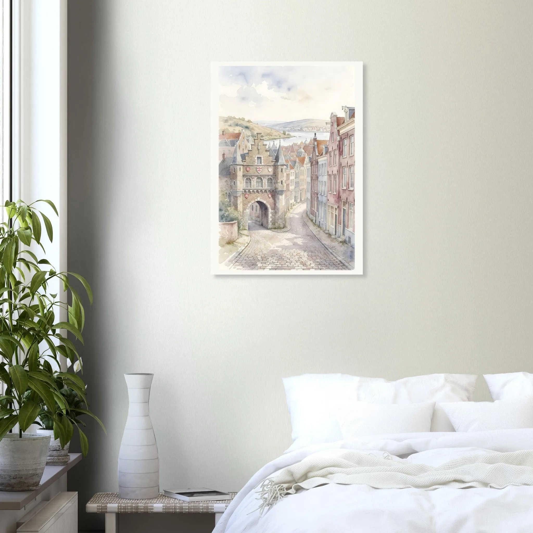 Watercolour landscape poster of Bergen op Zoom — warm minimalist design, from €19