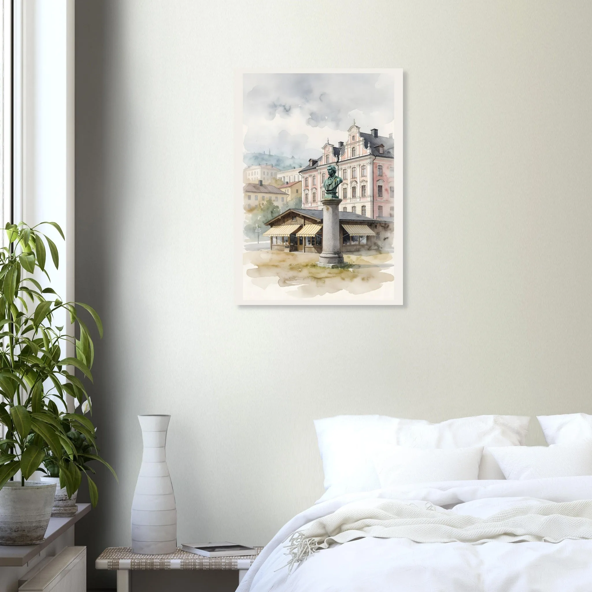 Watercolour landscape poster of Alingsås — warm minimalist design, from €19