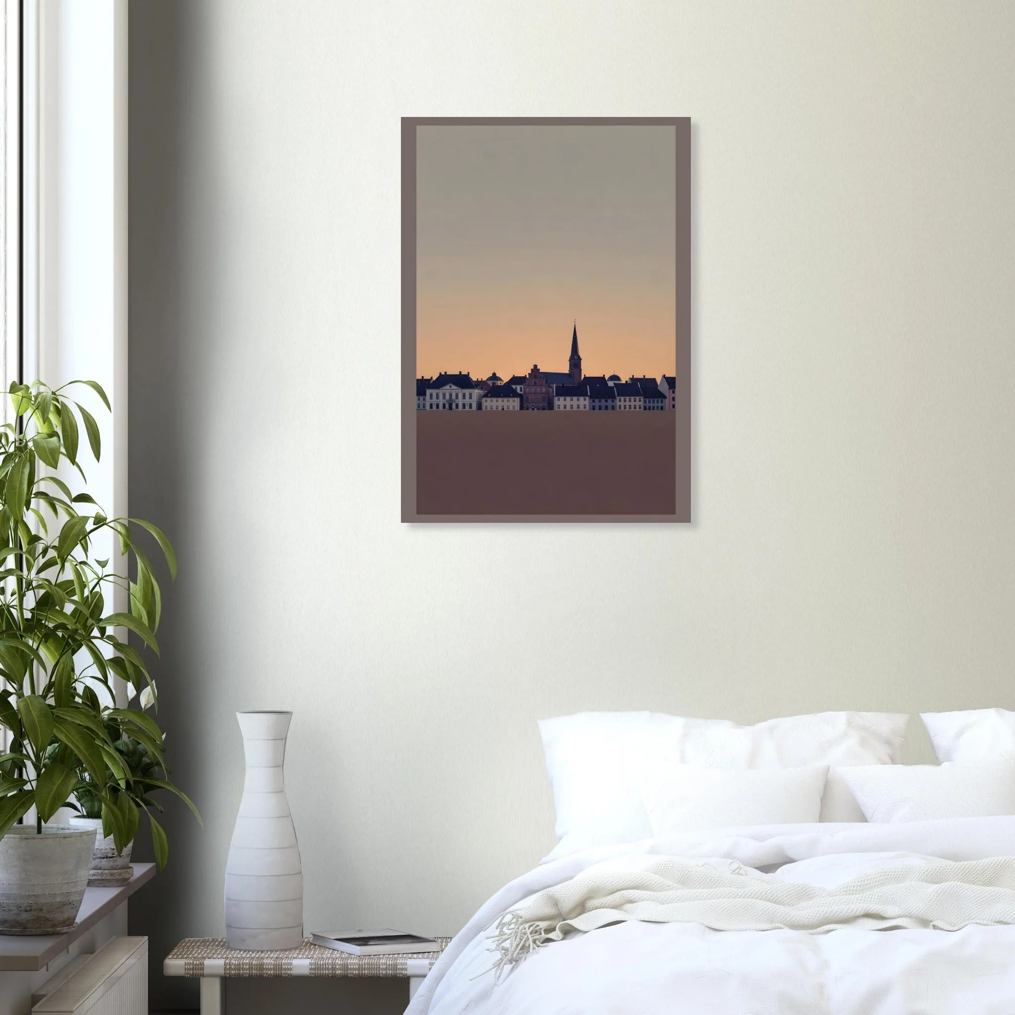 Silhouette skyline poster of Ystad — warm minimalist design, from €19