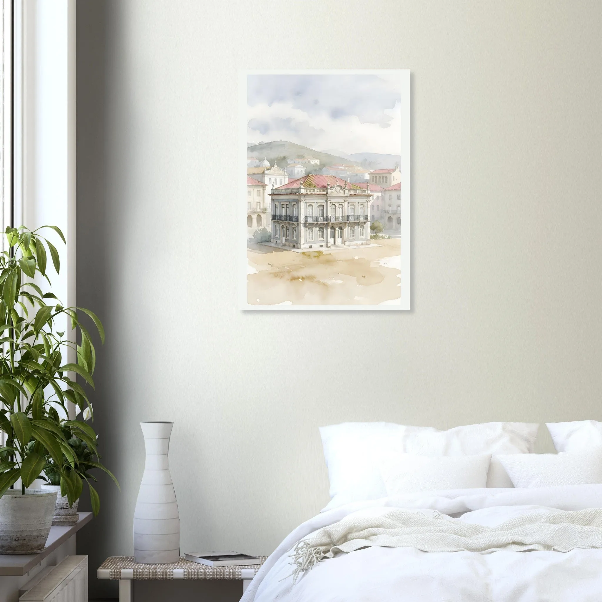 Watercolour landscape poster of Marinha Grande — warm minimalist design, from €19
