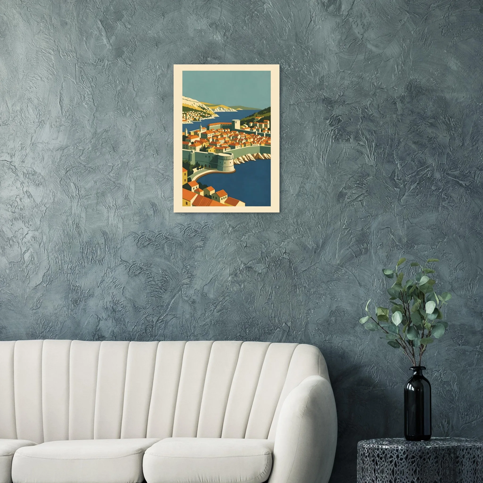 Mid-century modern poster of Dubrovnik — warm minimalist design, from €19