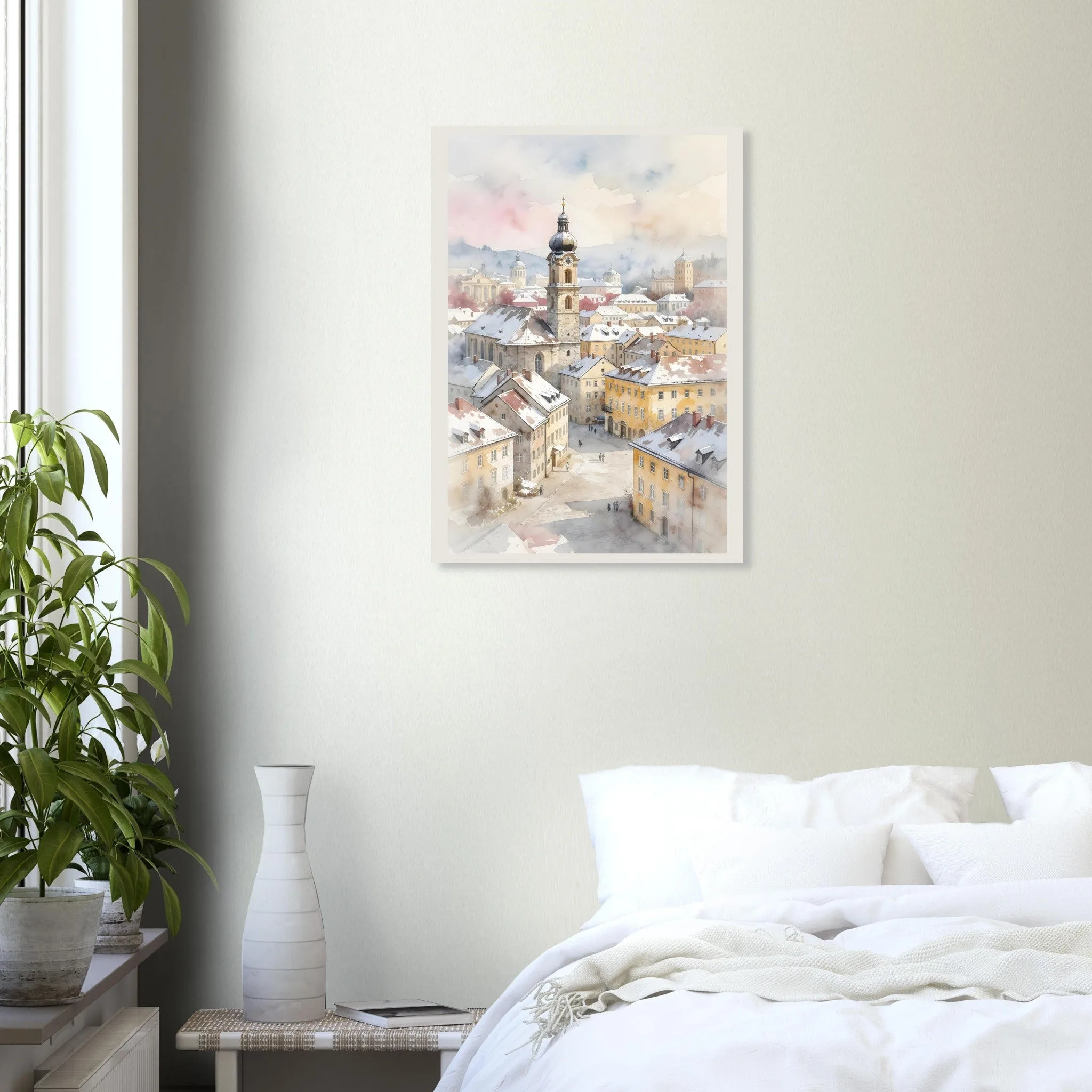 Watercolour landscape poster of Braunau am Inn — warm minimalist design, from €19