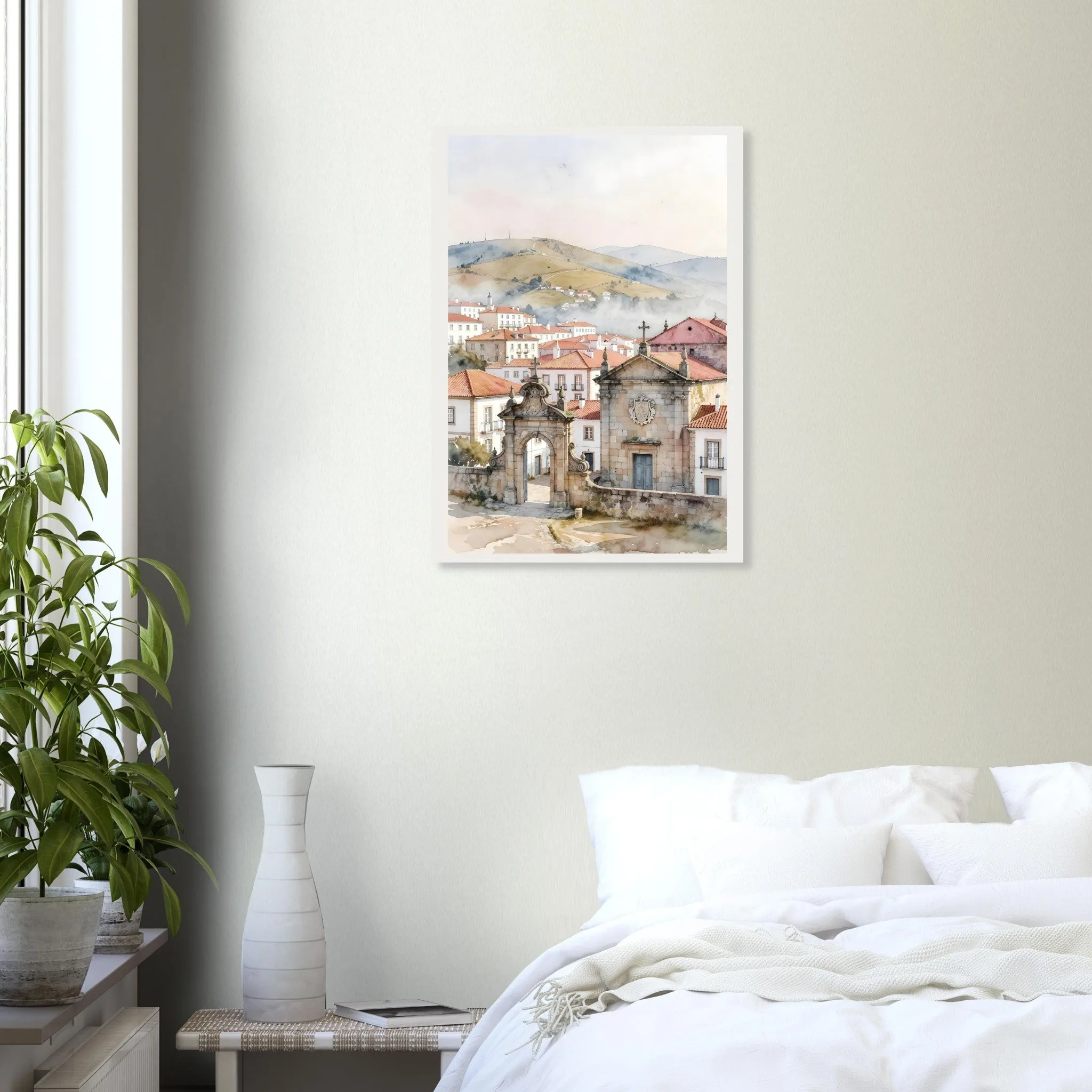 Watercolour landscape poster of Tondela — warm minimalist design, from €19
