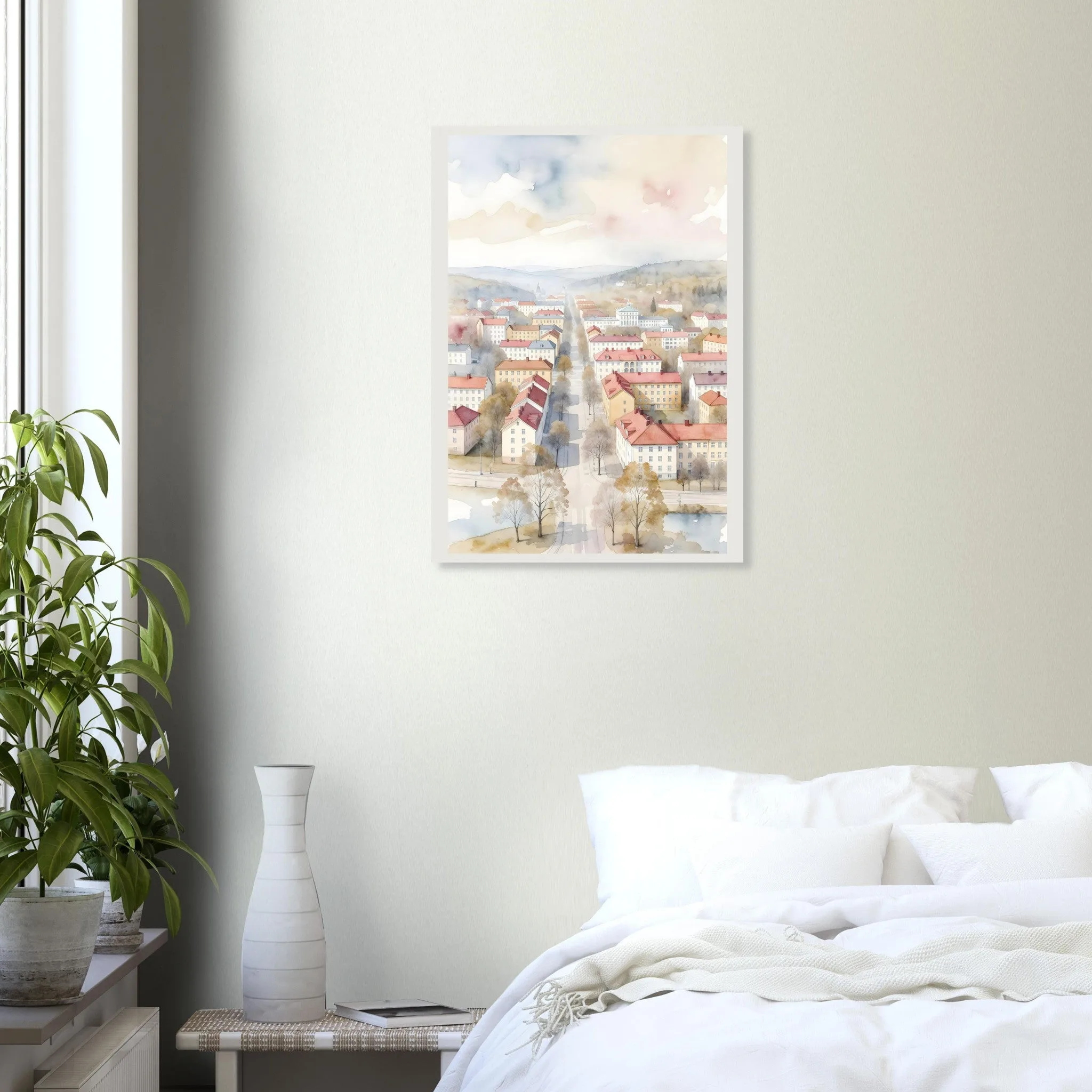 Watercolour landscape poster of Huskvarna — warm minimalist design, from €19