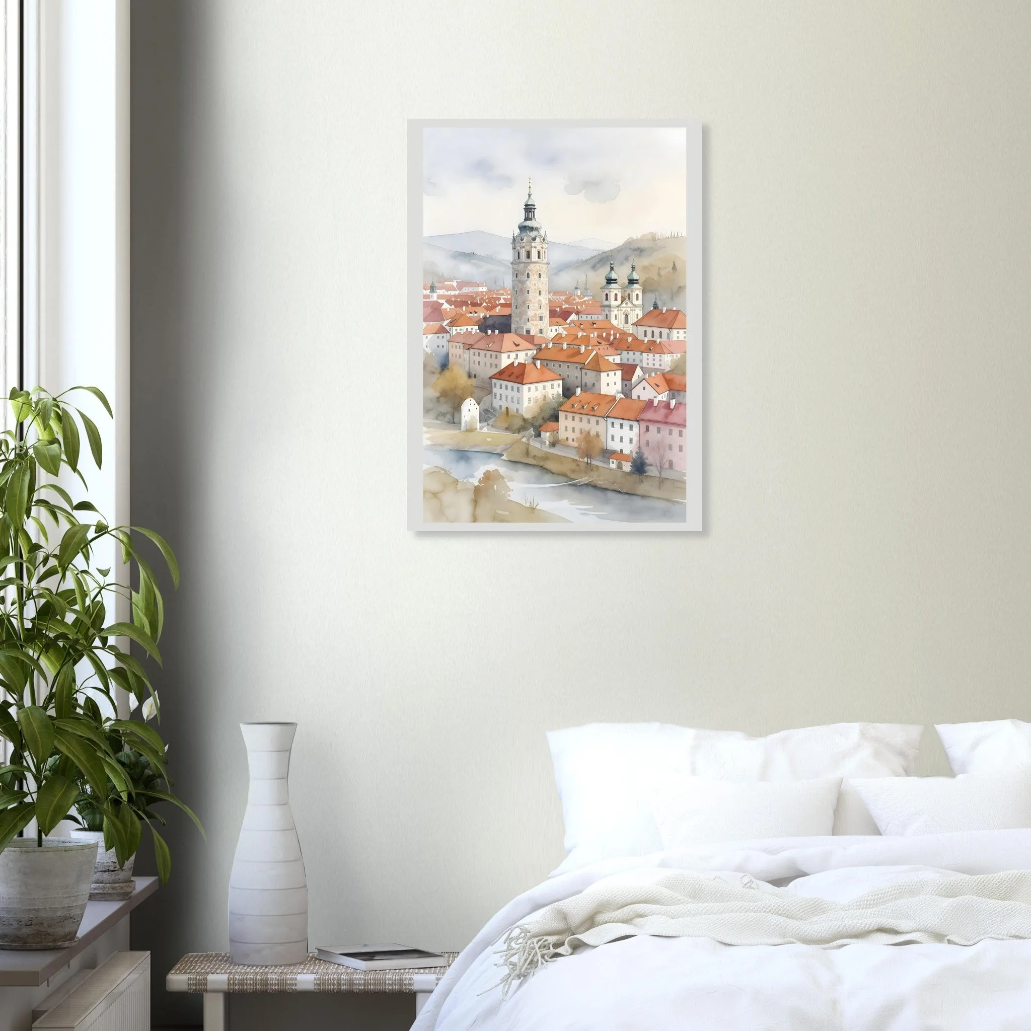 Watercolour landscape poster of Český Krumlov — warm minimalist design, from €19