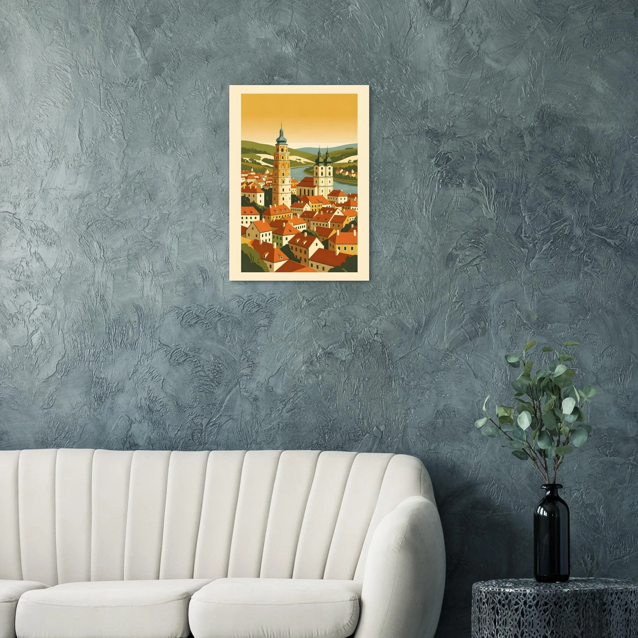 Mid-century modern poster of Český Krumlov — warm minimalist design, from €19