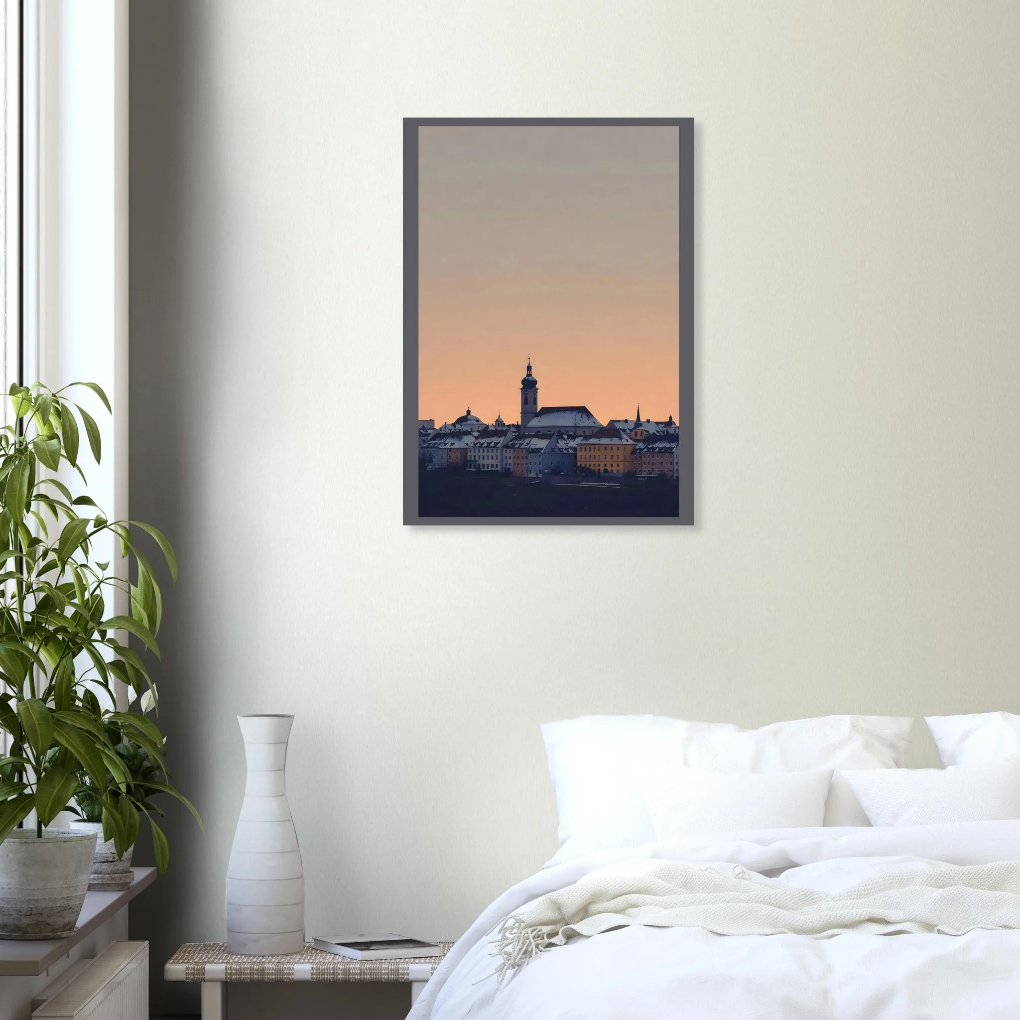 Silhouette skyline poster of Braunau am Inn — warm minimalist design, from €19