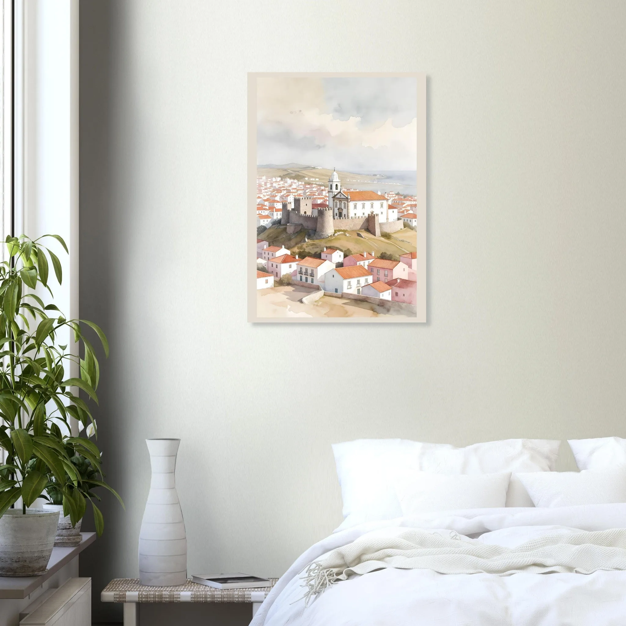 Watercolour landscape poster of Sines — warm minimalist design, from €19