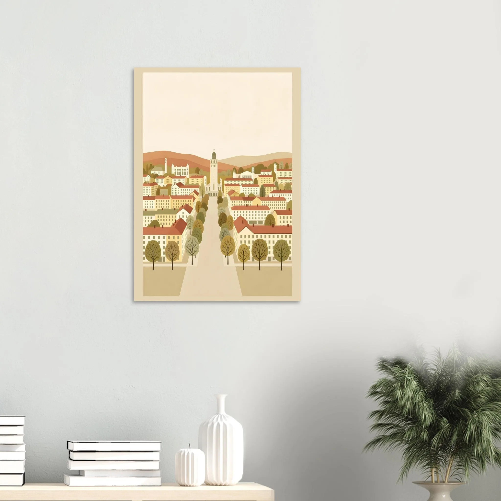 Flat vector illustration poster of Huskvarna — warm minimalist design, from €19