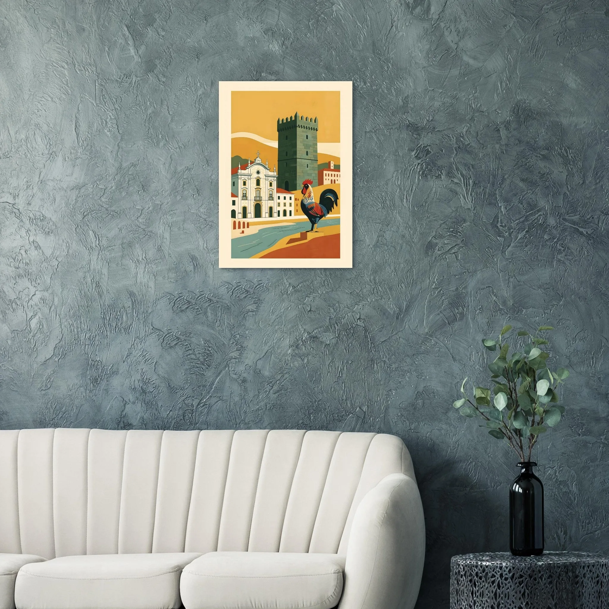 Mid-century modern poster of Barcelos — warm minimalist design, from €19