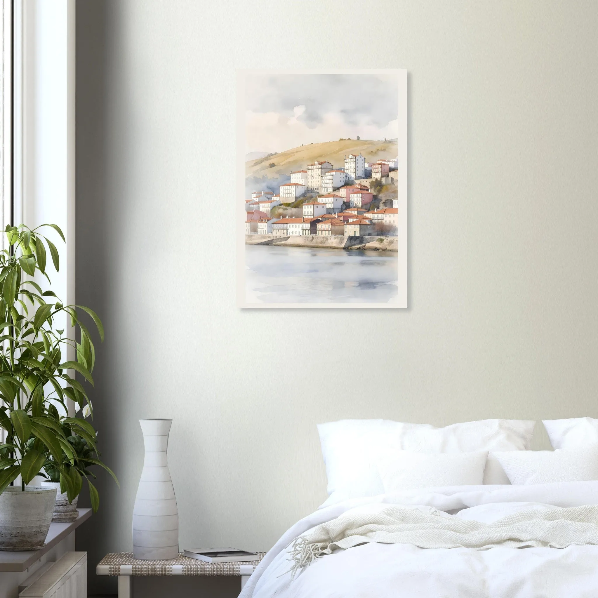Watercolour landscape poster of Peso da Régua — warm minimalist design, from €19