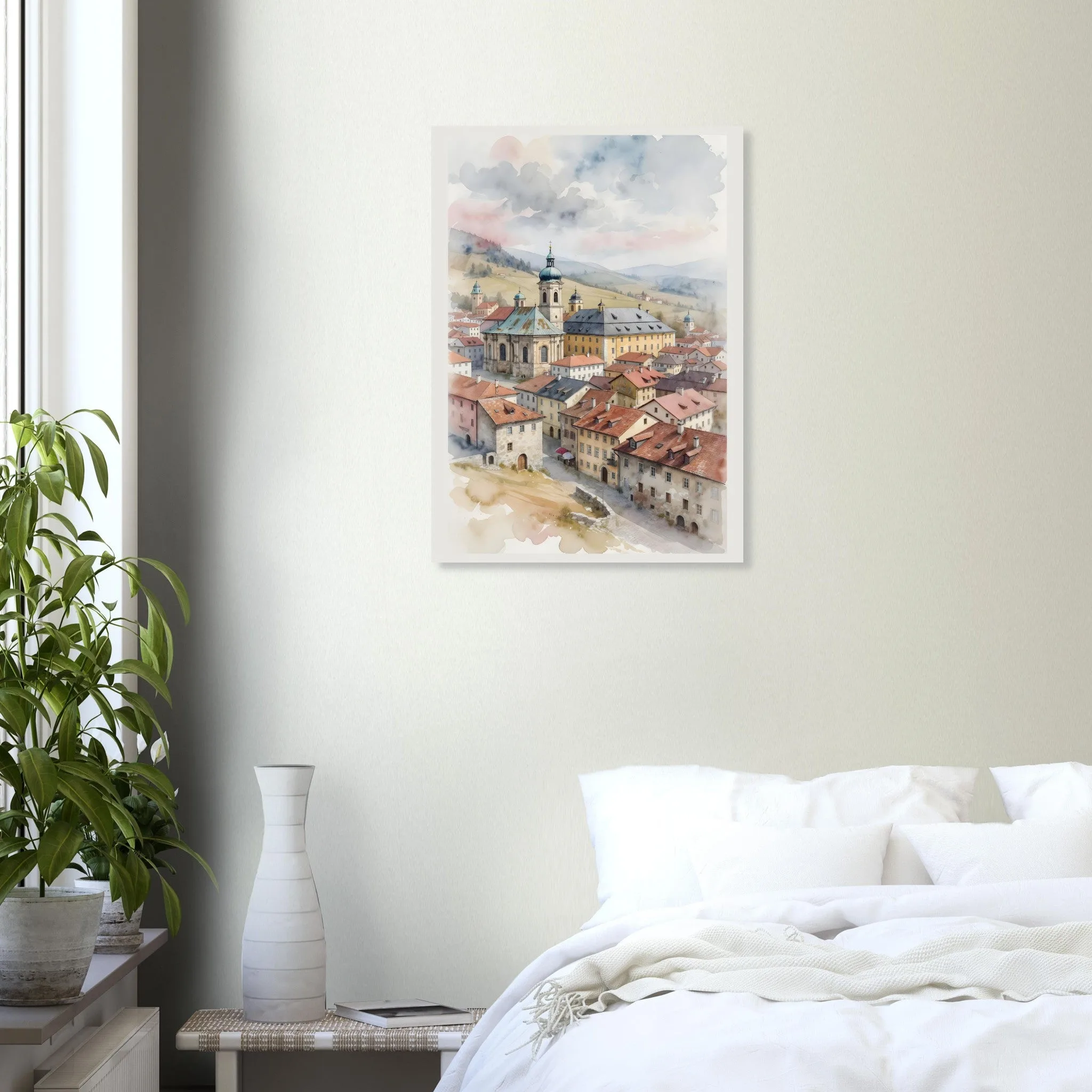 Watercolour landscape poster of Hall in Tirol — warm minimalist design, from €19
