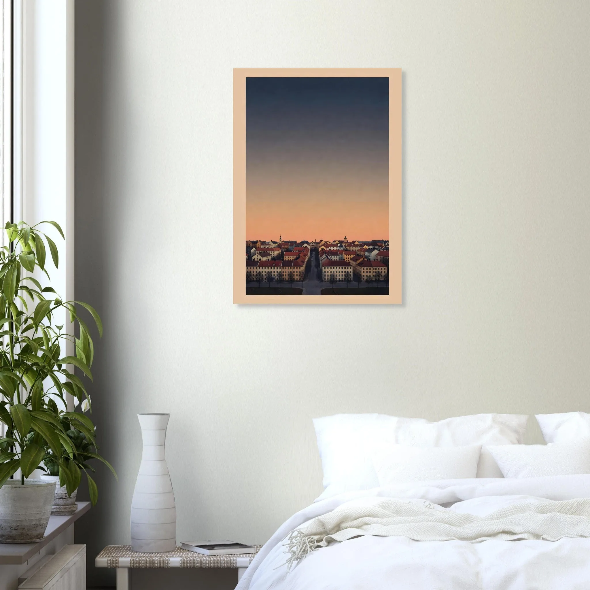 Silhouette skyline poster of Huskvarna — warm minimalist design, from €19
