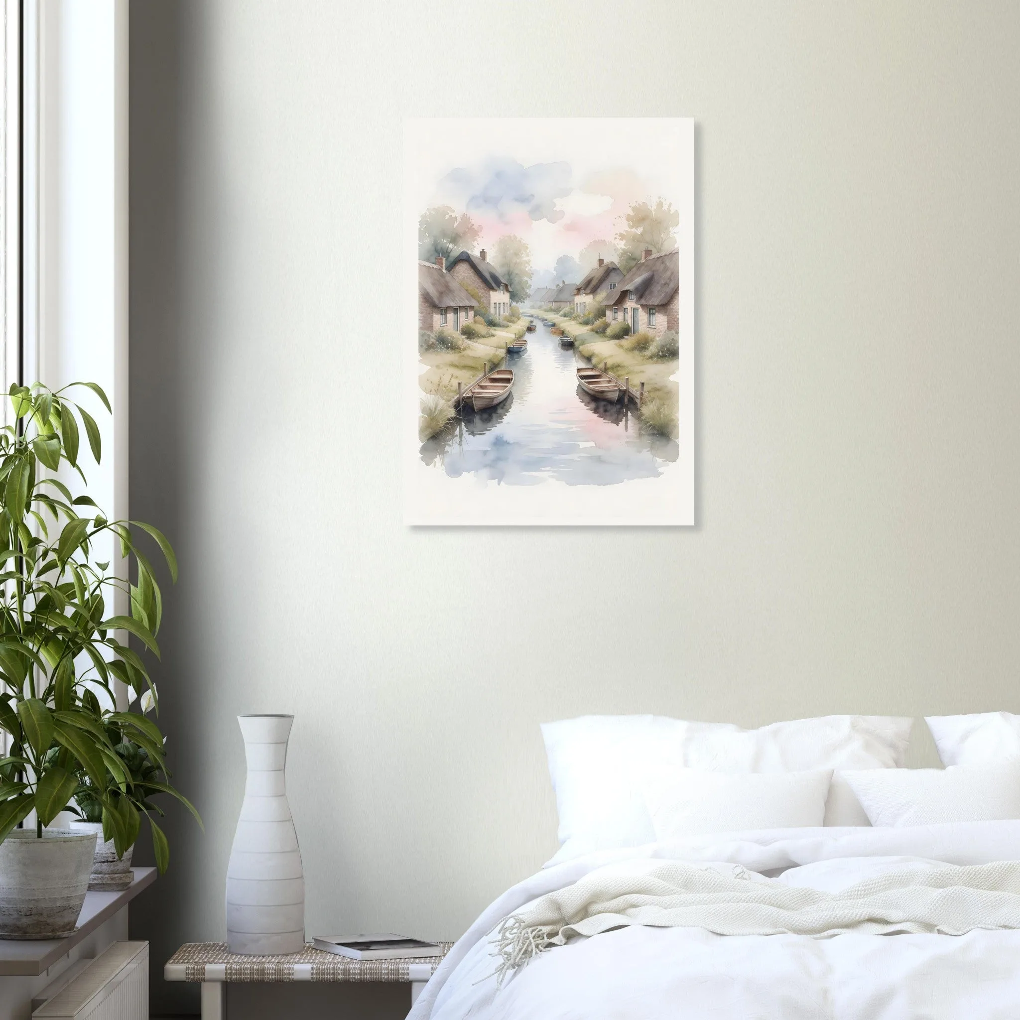 Watercolour landscape poster of Giethoorn — warm minimalist design, from €19