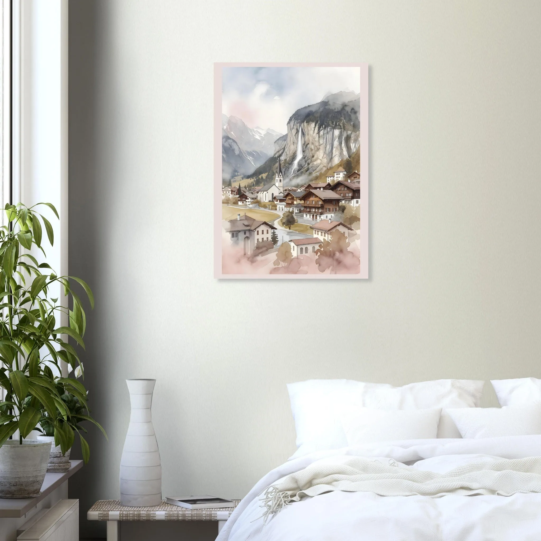 Watercolour landscape poster of Lauterbrunnen — warm minimalist design, from €19
