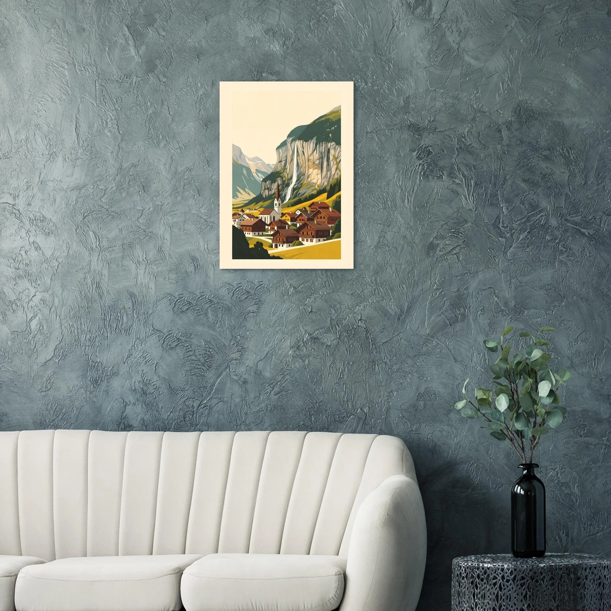 Mid-century modern poster of Lauterbrunnen — warm minimalist design, from €19