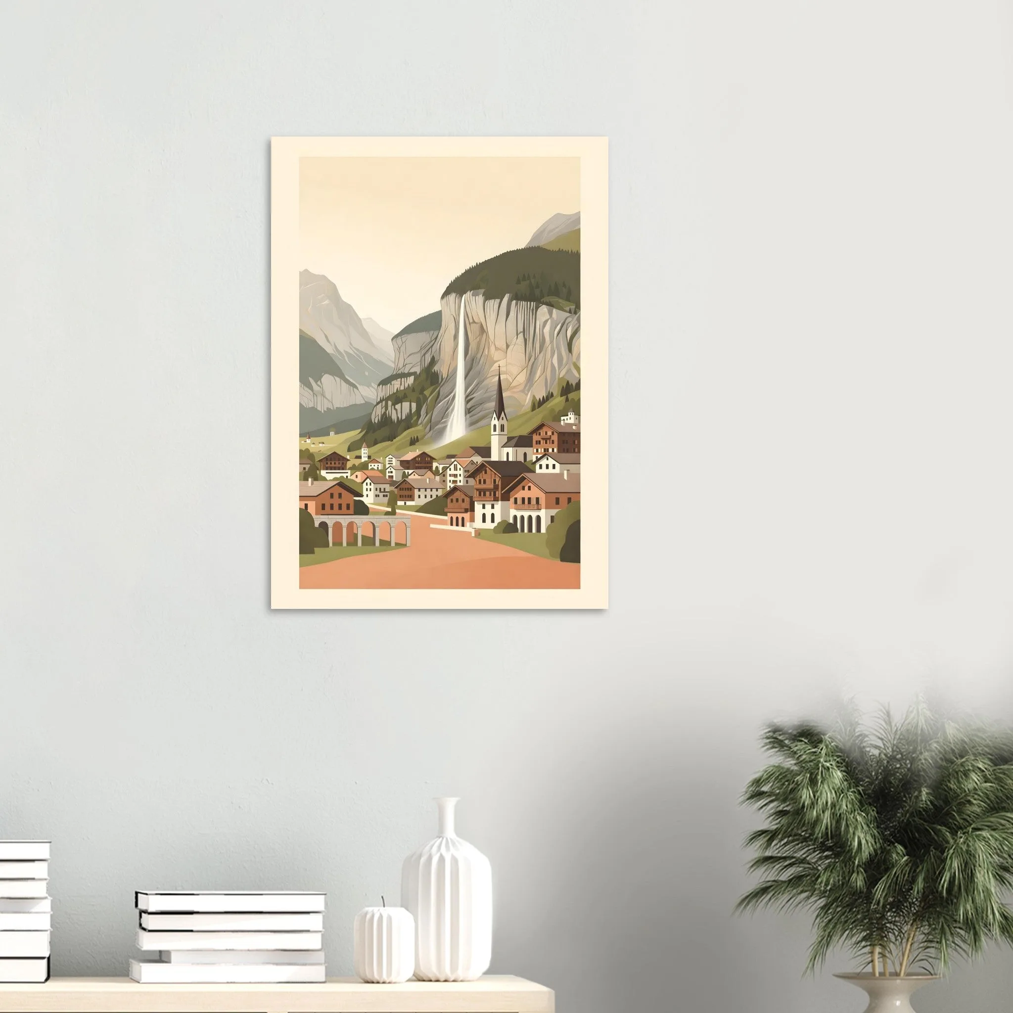 Flat vector illustration poster of Lauterbrunnen — warm minimalist design, from €19