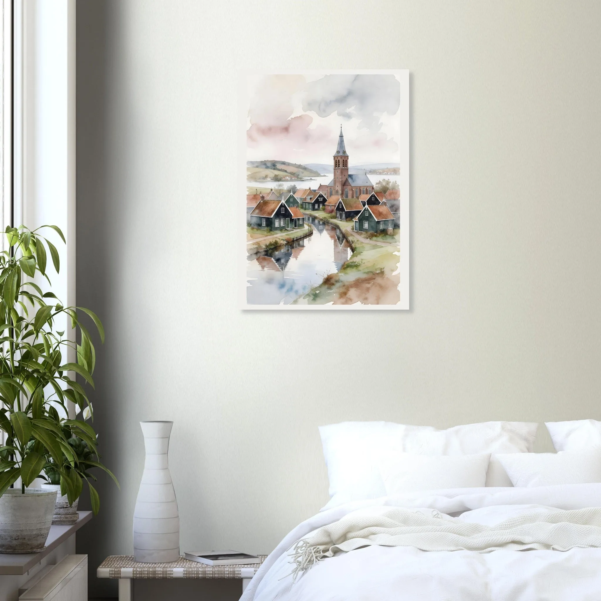 Watercolour landscape poster of Marken — warm minimalist design, from €19