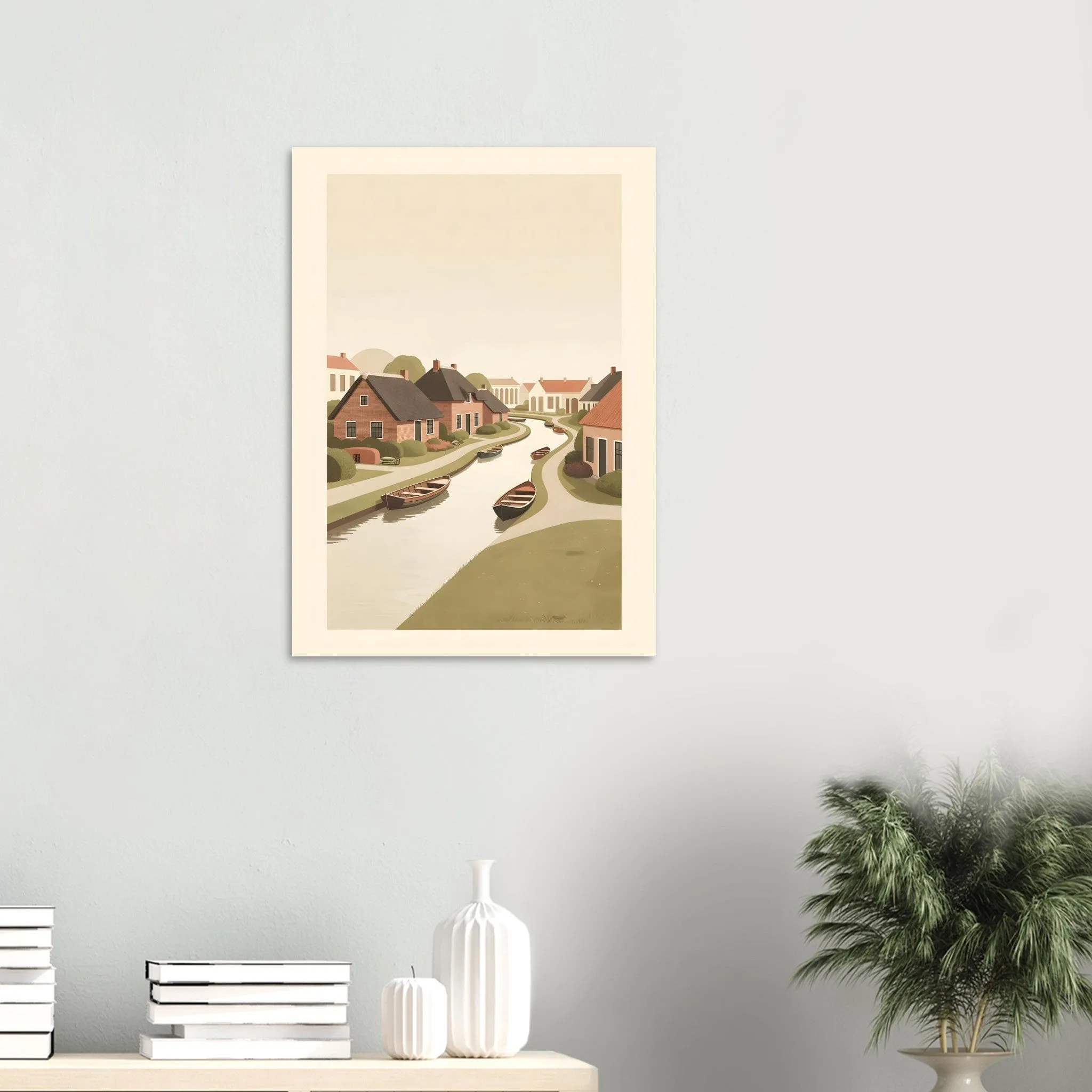 Flat vector illustration poster of Giethoorn — warm minimalist design, from €19