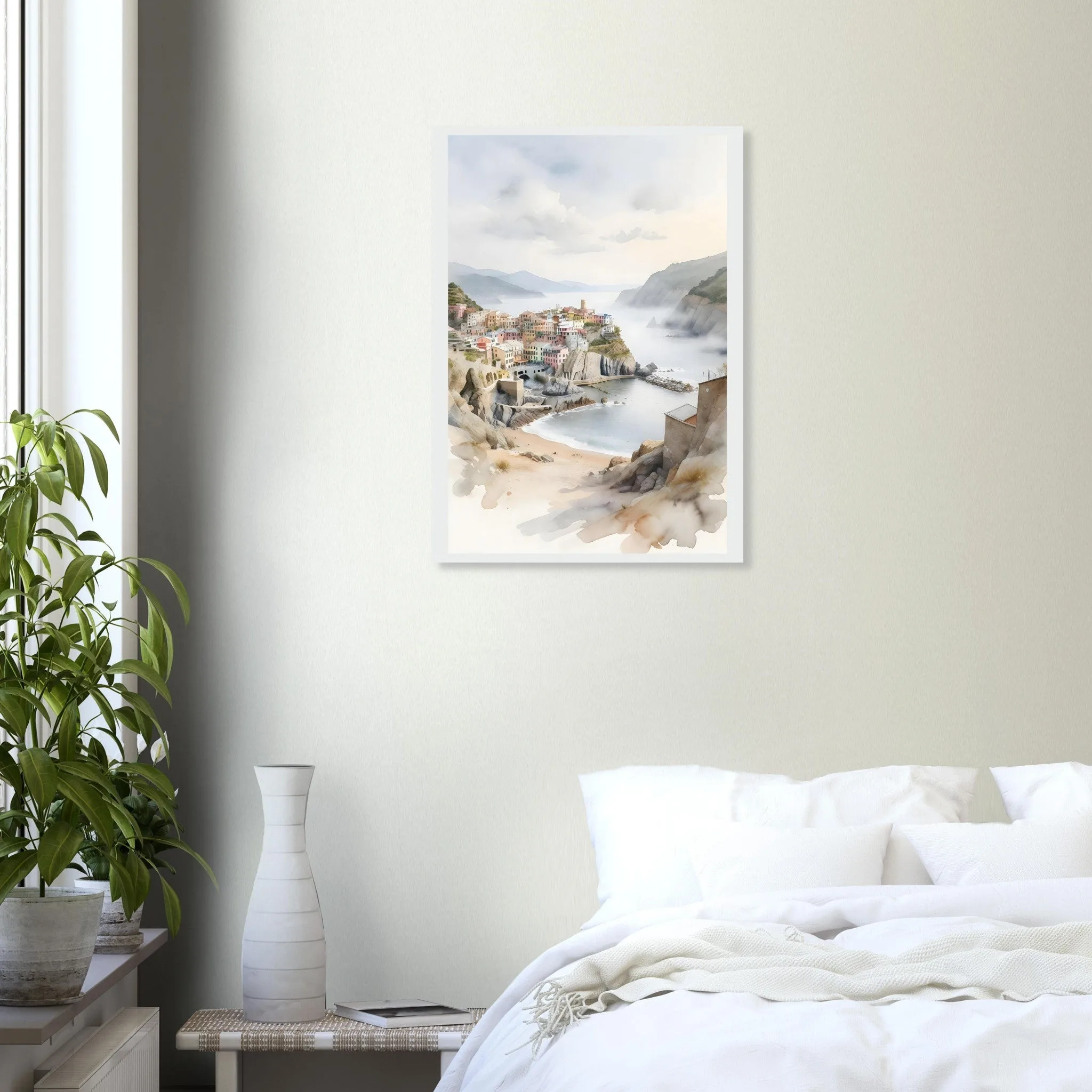 Watercolour landscape poster of Vernazza — warm minimalist design, from €19