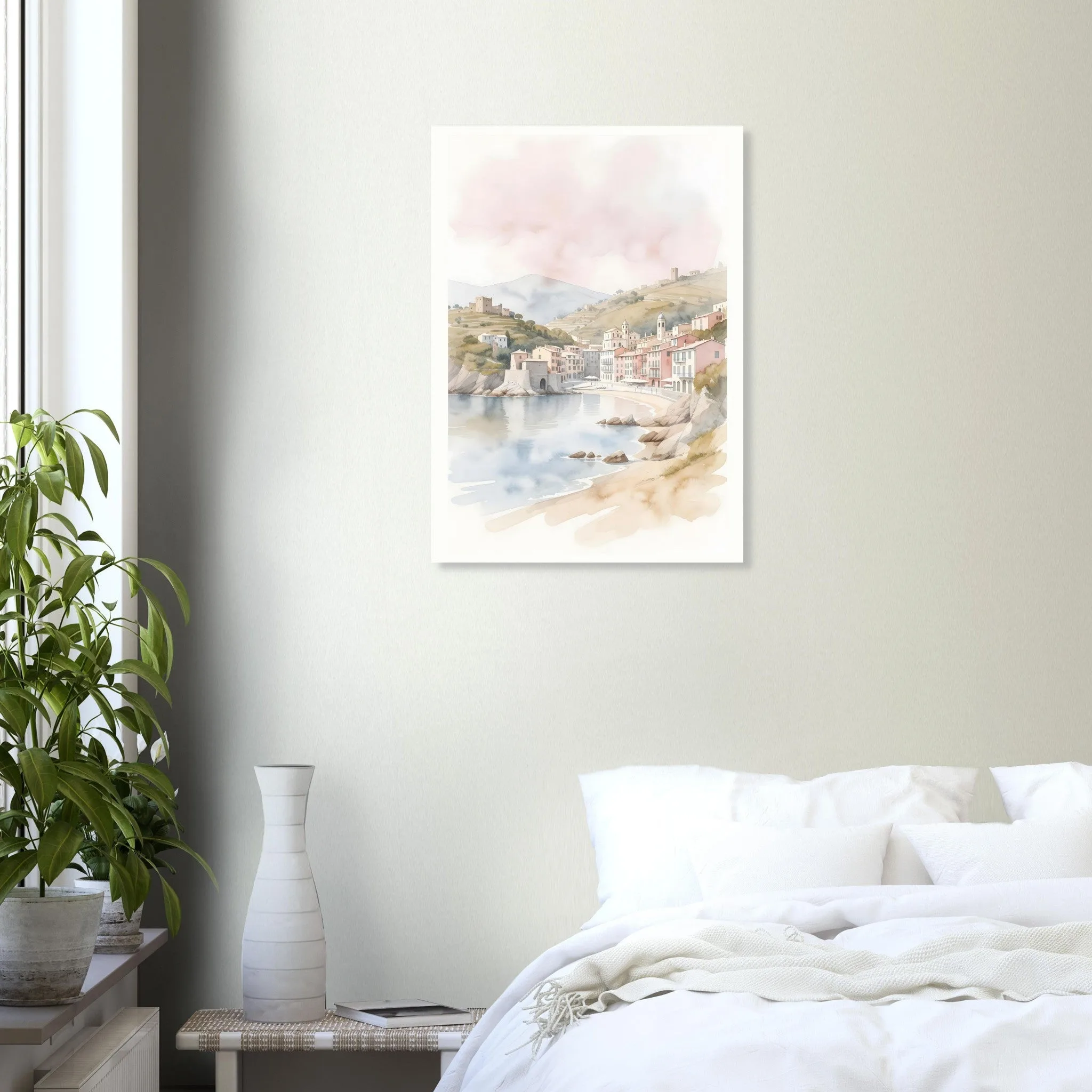 Watercolour landscape poster of Portofino — warm minimalist design, from €19