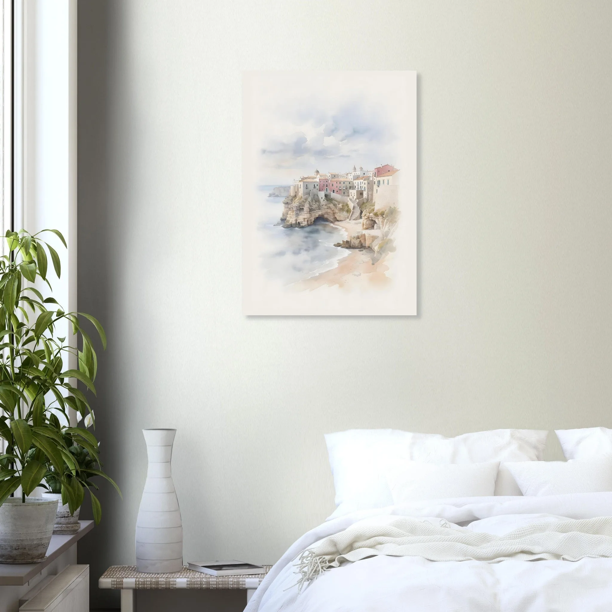 Watercolour landscape-Poster von Polignano a Mare — warmes minimalistisches Motiv, ab 19 €