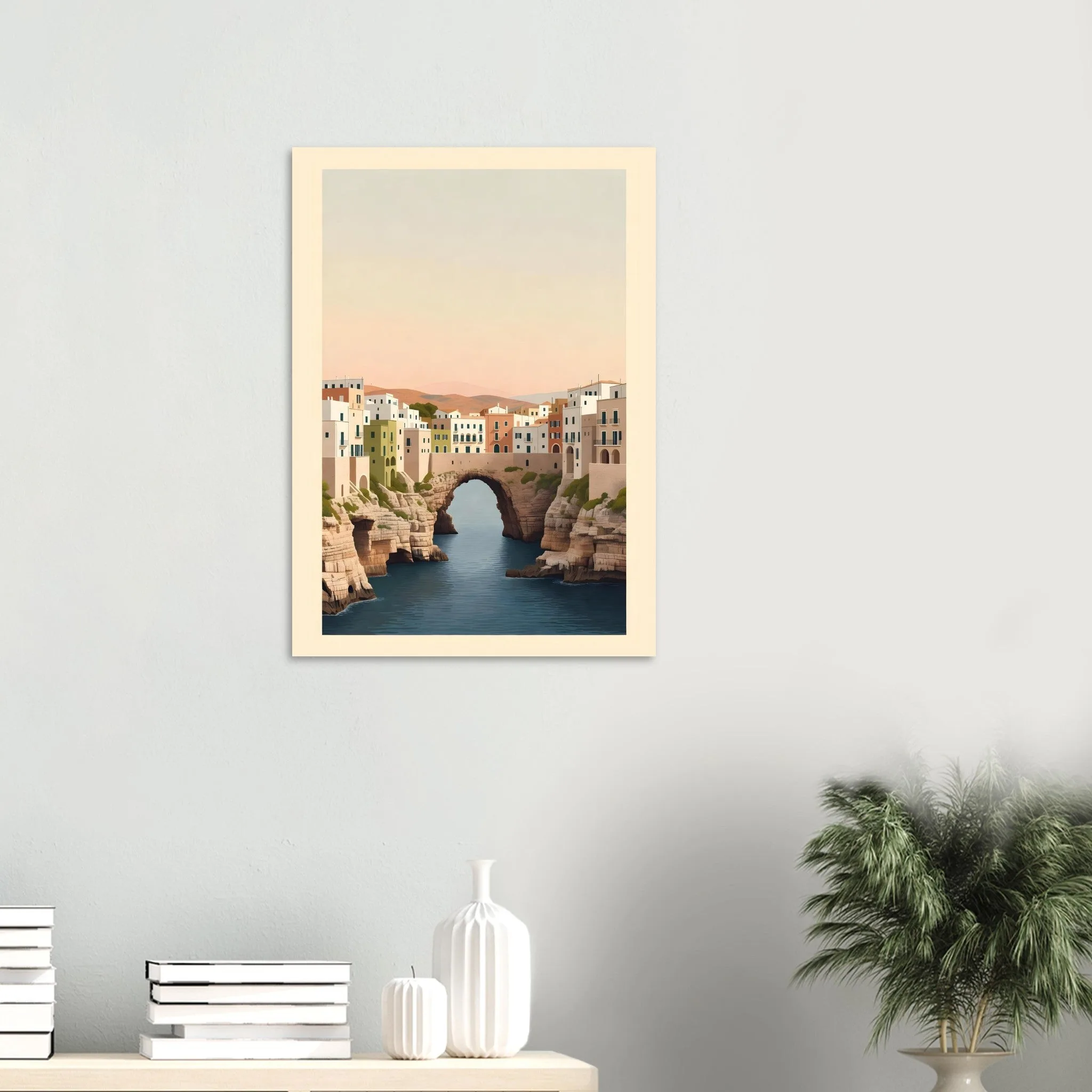 Flat vector illustration-Poster von Polignano a Mare — warmes minimalistisches Motiv, ab 19 €