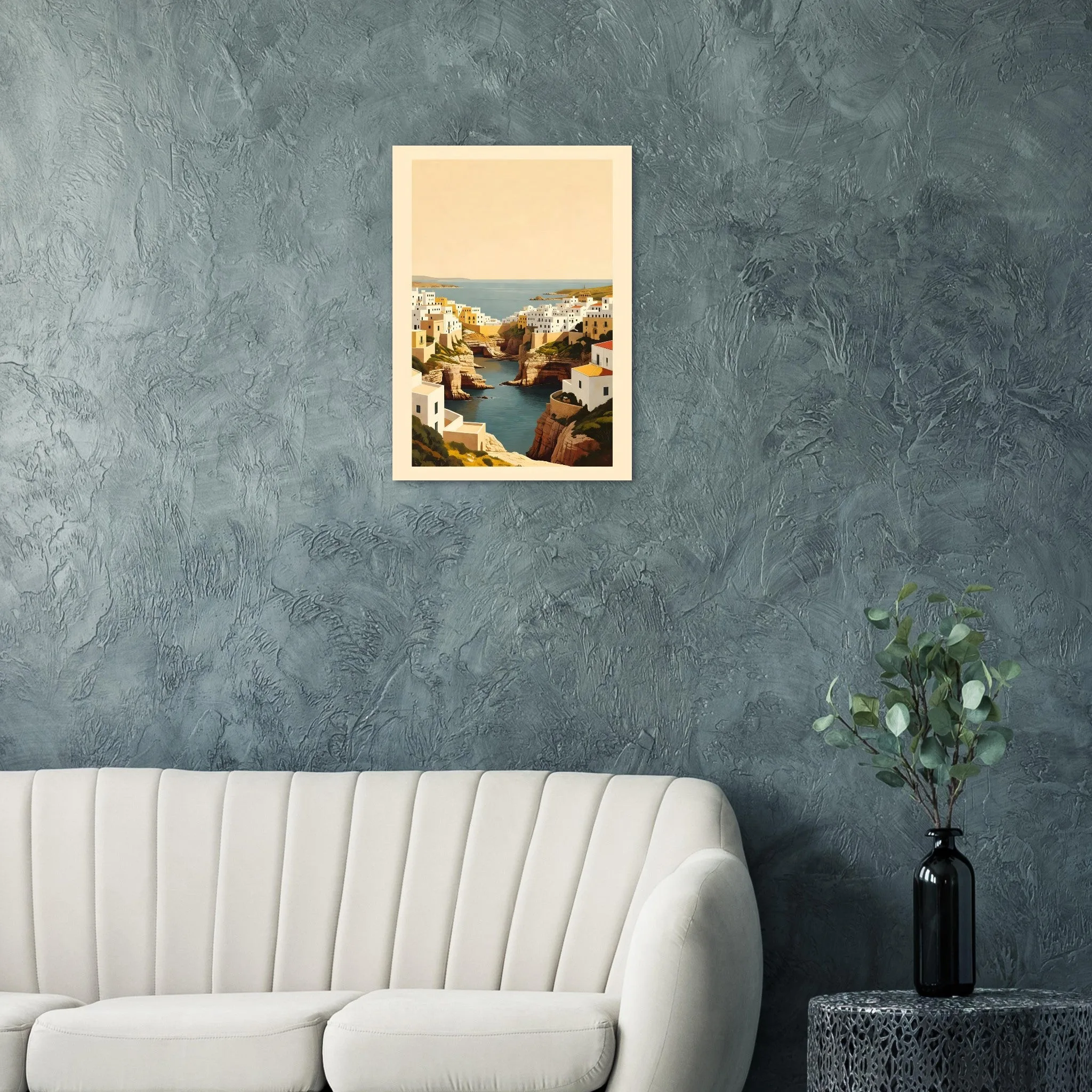 Mid-century modern-Poster von Polignano a Mare — warmes minimalistisches Motiv, ab 19 €