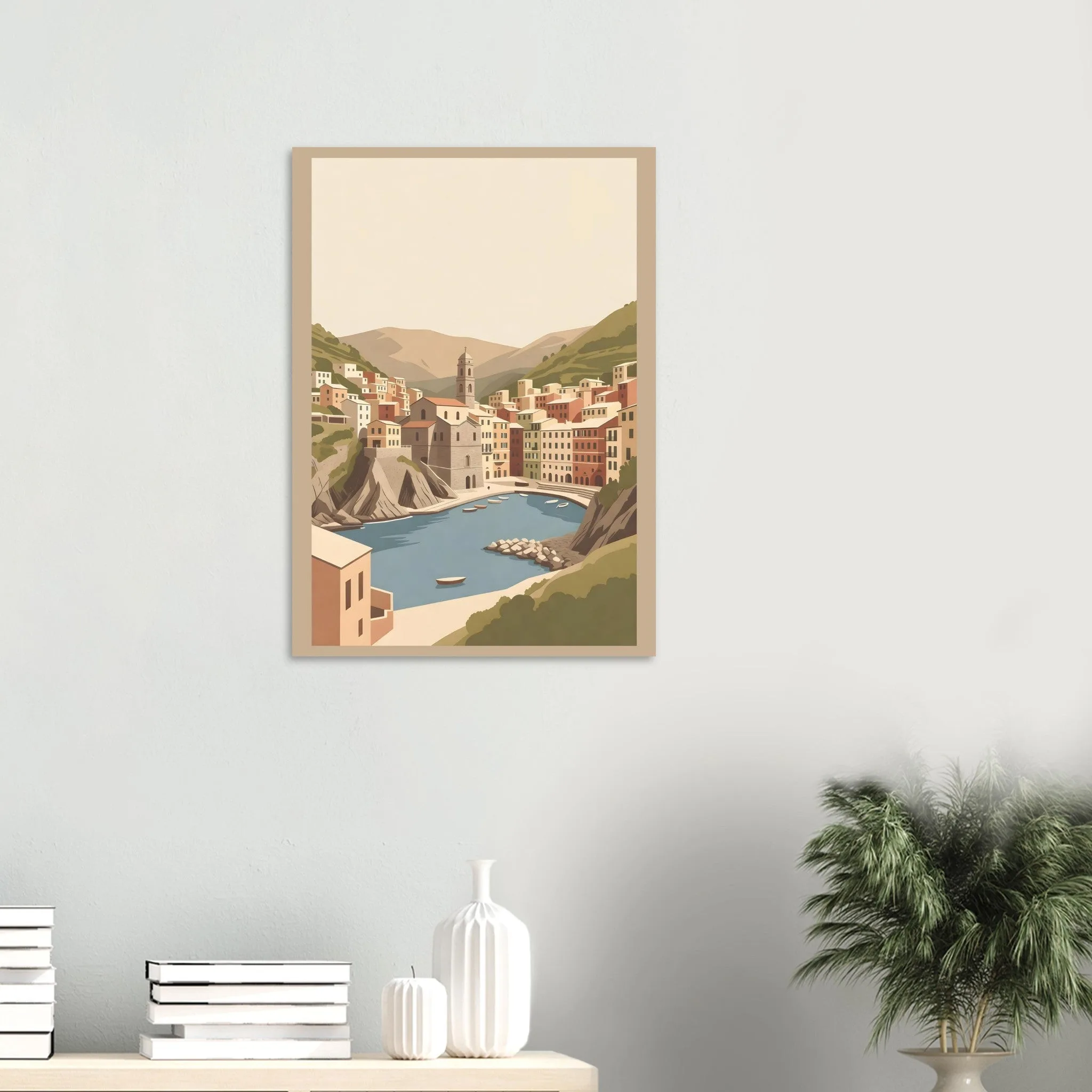 Flat vector illustration poster of Vernazza — warm minimalist design, from €19