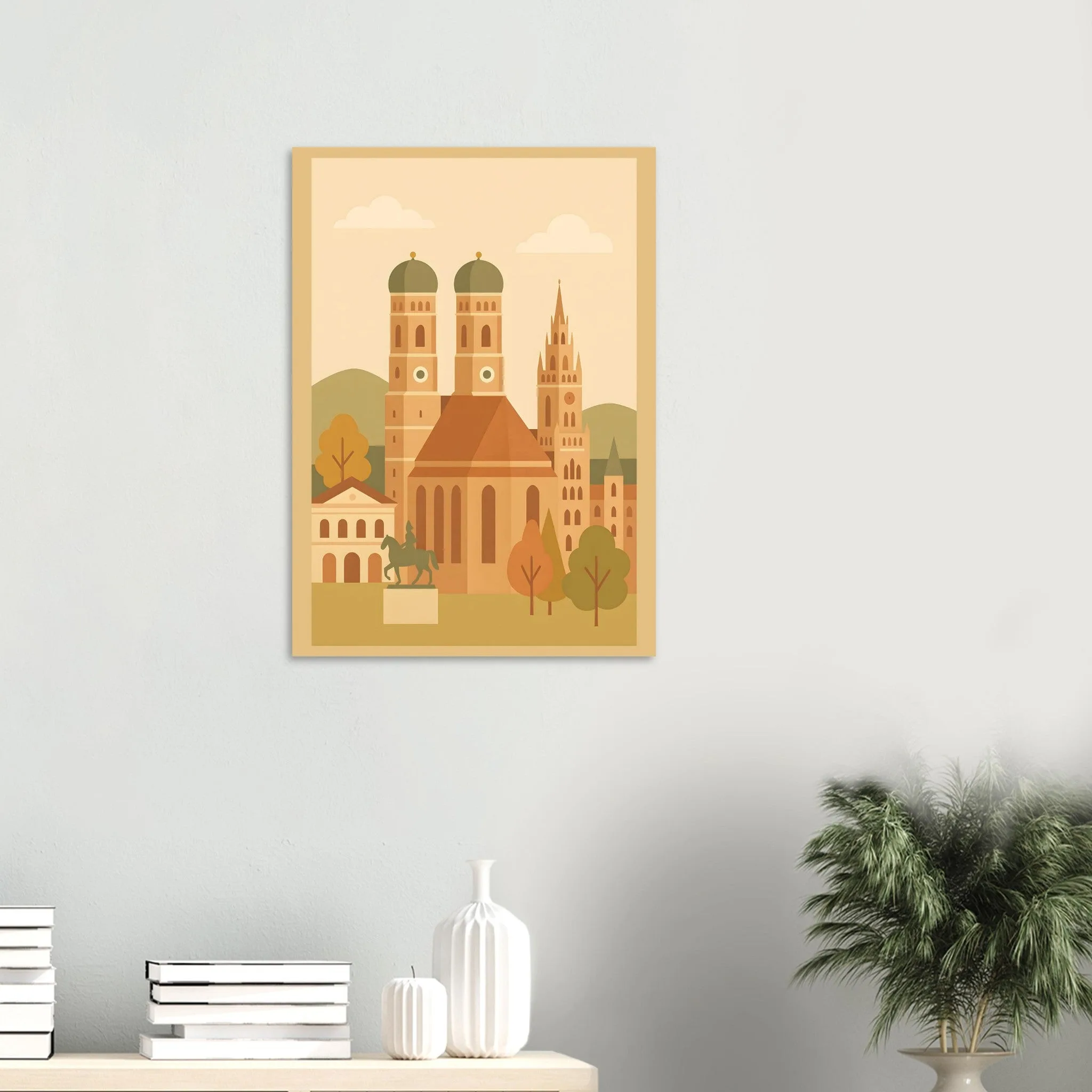 Flat vector illustration poster of München — warm minimalist design, from €19