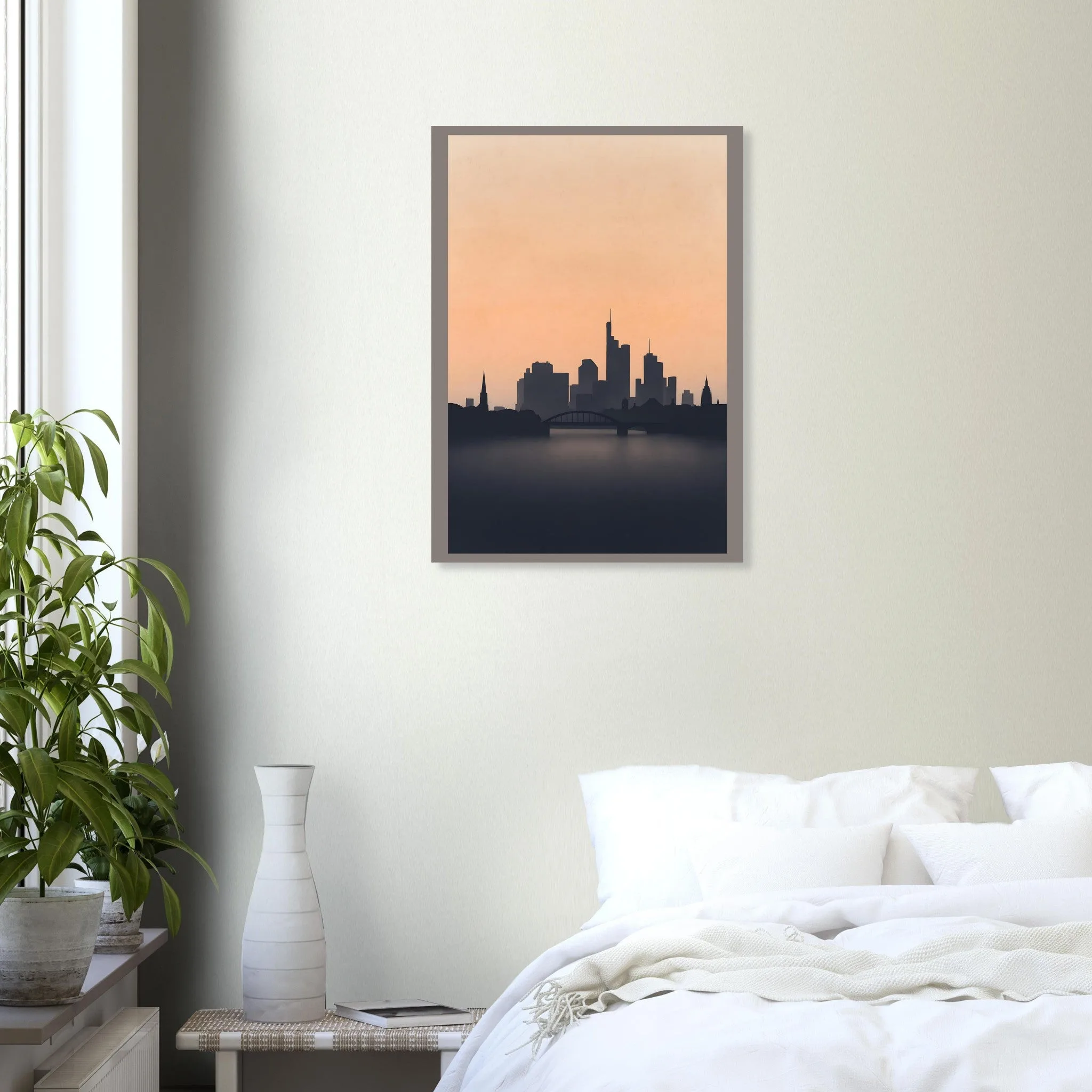 Silhouette skyline-Poster von Frankfurt am Main — warmes minimalistisches Motiv, ab 19 €