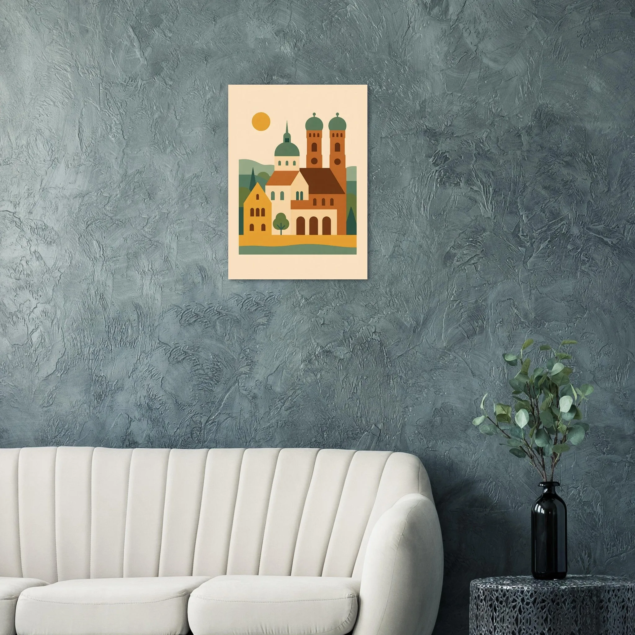 Mid-century modern poster of München — warm minimalist design, from €19