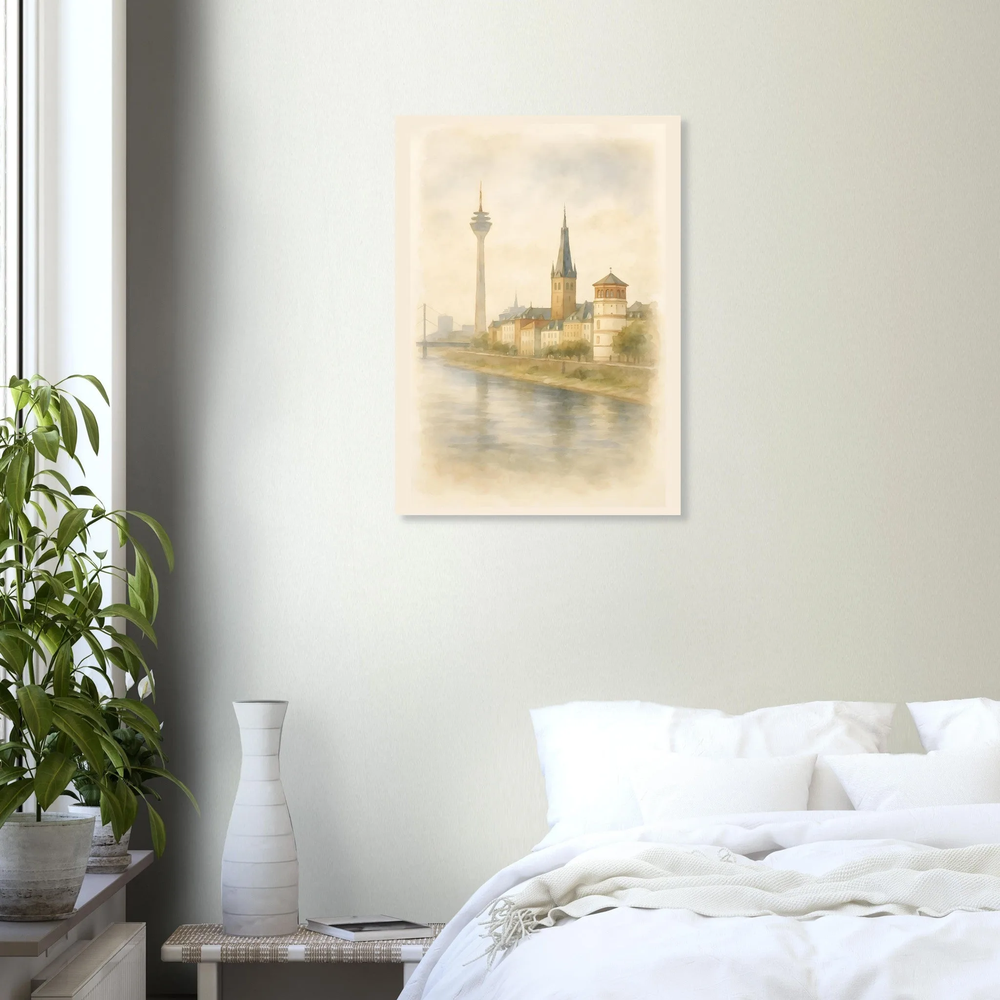 Watercolour landscape-Poster von Düsseldorf — warmes minimalistisches Motiv, ab 19 €