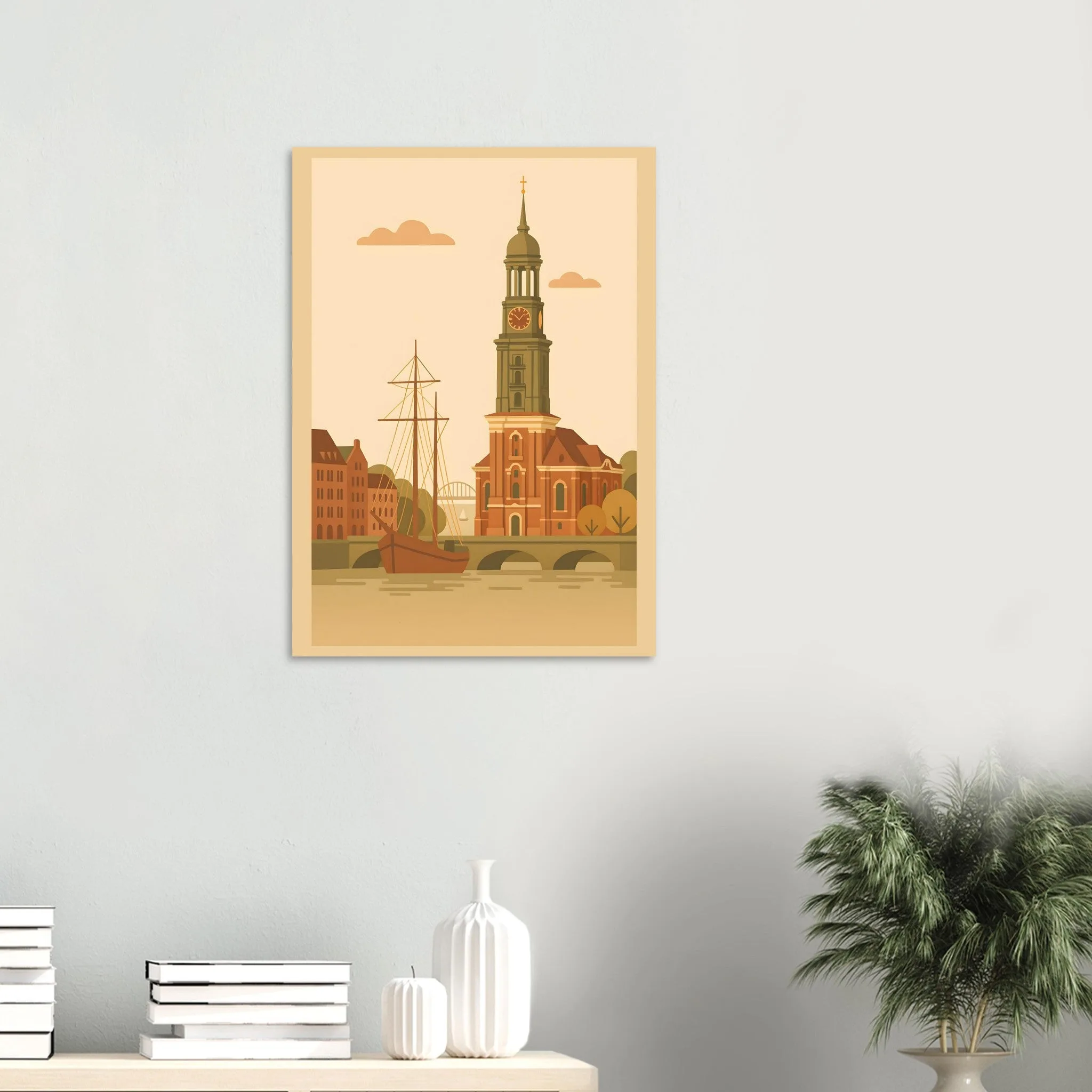 Flat vector illustration poster of Hamburg — warm minimalist design, from €19